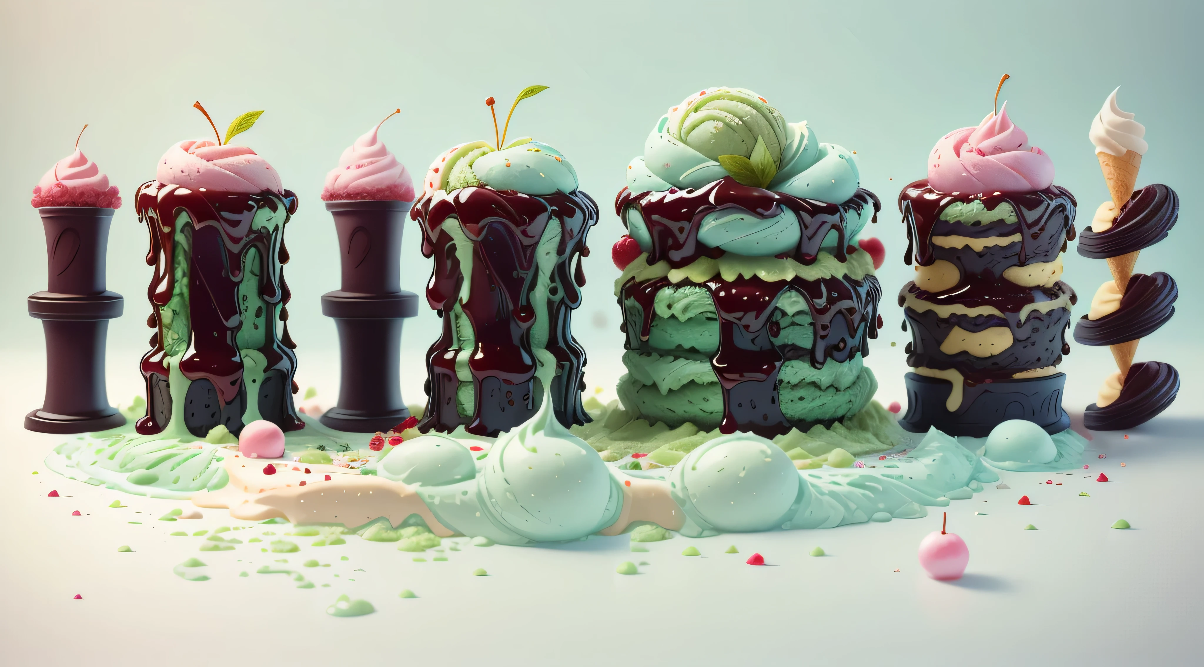 Matcha Ice Cream Cone,Top with dark chocolate sauce,soft,delicious, panoramic,Vibrant green background,Realistic and detailed images,Ultra-clear,best quality,Food wallpaper,cherry