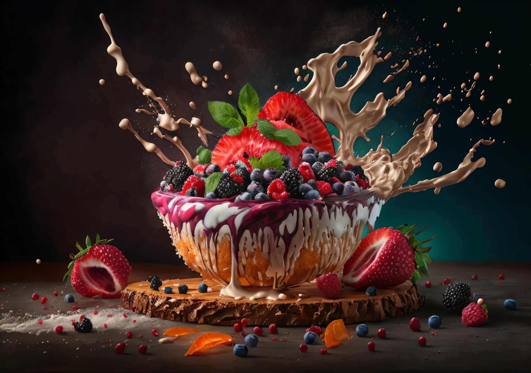 araffe and berries are being poured into a bowl of fruit, digital painting highly detailed, 4 k food photography, 4k food photography, amazing food photography, 4k highly detailed digital art, highly detailed digital painting, digital art. highly detailed, food photography 4 k, award winning food photography, amazing food illustration, highly detailed 4 k painting