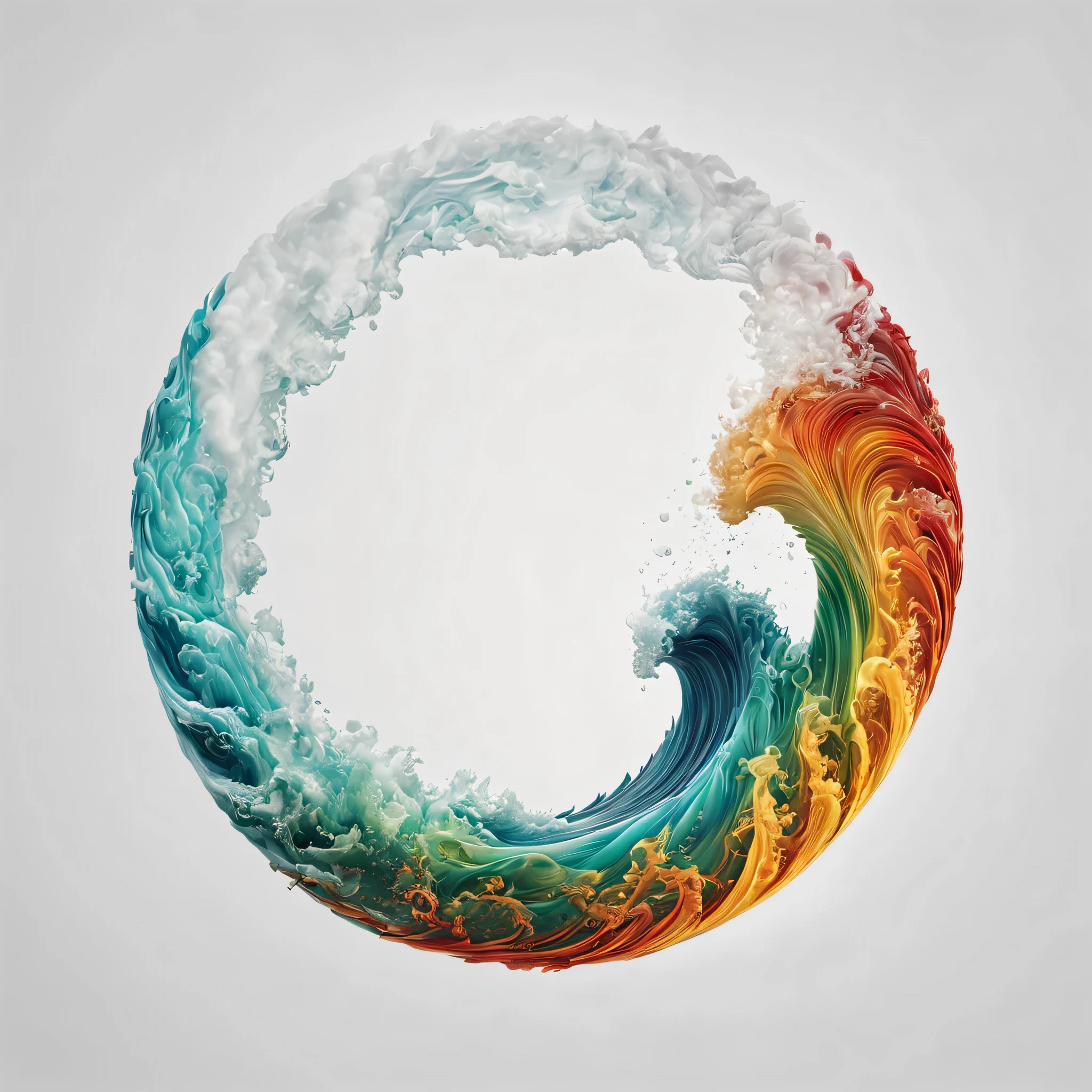Imagine a ocean wave made of vibrant colors of light blue, green, yellow and red in a circle, beautiful detailed intricate insanely detailed octane render trending on artstation,  The simple logo graphic with style adds a touch of modernity to this ancient symbol of rebirth and renewal.  the waves leaves a trail of fiery hues in its wake, white background