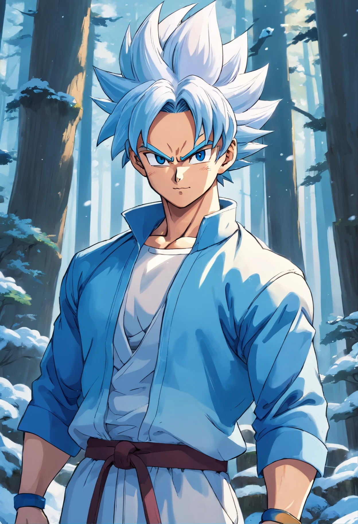 1 man, matured, slim but muscular, handsome, tall, ((Saiyan like silver blue ombre hair))((silver blue ombre hair))((Saiyan hairstyle)), ((blue eyes)), ((Man wears blue jacket, white t-shirt, white martial art pants, blue belt)), ((snowy forest)), looking at viewer, relaxed grin, 8k, masterpiece, ray tracing, Dragon Ball Z style
