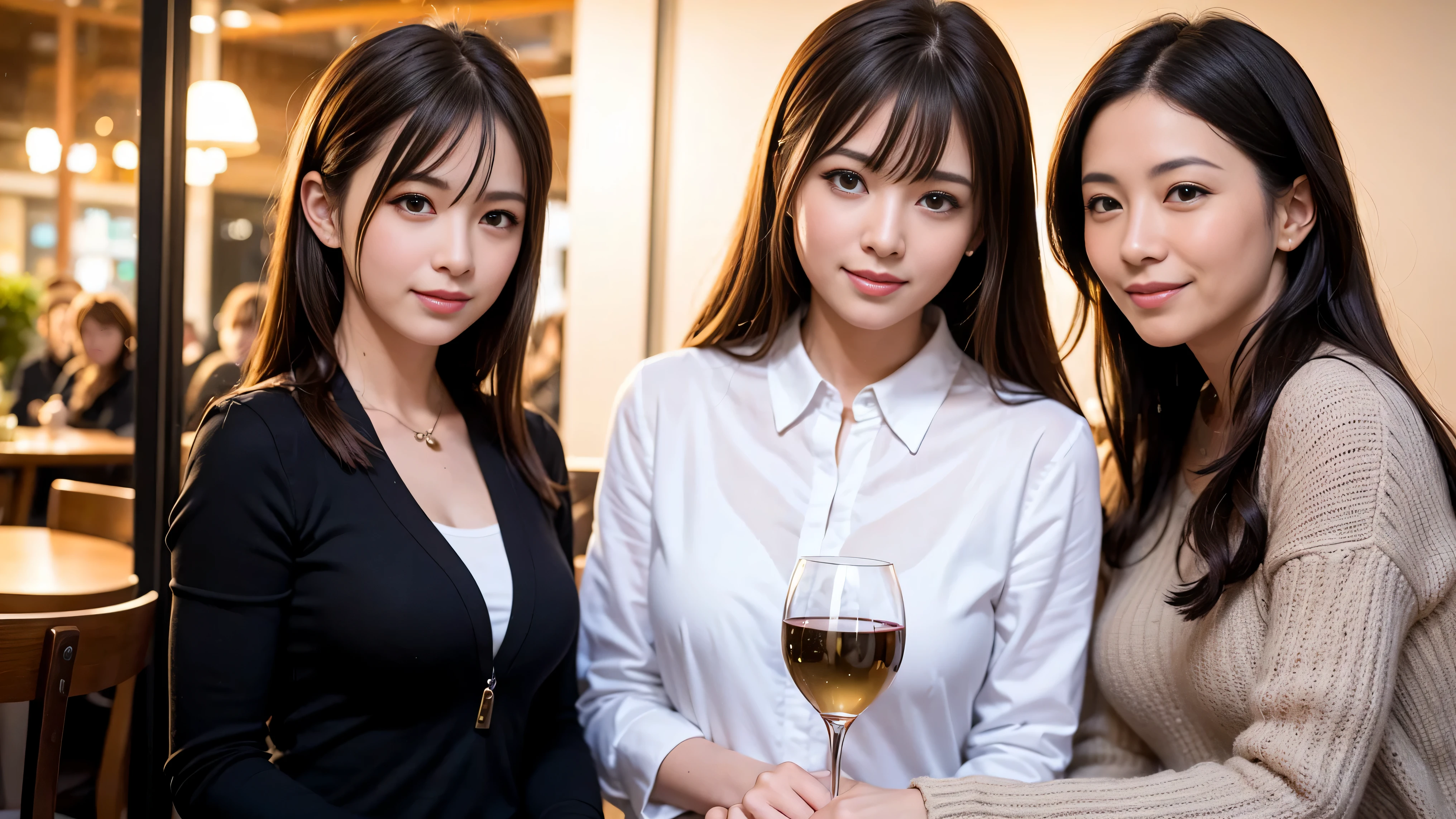 64k, Hmm, highest quality, masterpiece: 1.2), (realistic, photorealistic: 1.37),やわらかなsmile、gentle expression、 Super detailed, celebration party、beauty、charm、beautiful mature woman、3 women who love wine、three men、Tokyo、Yokohama、Paris、venice、Rome、Champagne、sparkling wine、winter night、restaurantでワイン宴会、(slimな男女4名),(Wine party for 5 people)、(slimフェイス),Happy、 最高なsmile、fox mask、Berry Short、(because I'thin), (brown hair), (shortcut), long sleeve shirt、winter fashion、Columbia、Brazilian、Japanese、Dutch、German、Portuguese、Belgian、Italian、French, (Squirting), (slimボティ), (brown hair), (shortcut), 端正なbeauty、cheeks turn a little red, (41 years old), 38 years old, 35 years old、32 years old、 A beautiful and detailed night view spreads out outside the window............, restaurant, wine glassが座っている, At night, in a prominent place (from the Upper body) nova frog style, actress, model, Upper body, White wine, slim, wine glass, Very beautiful night view, wine glass Put in the Middle, Happy smile, (smile: 1.15),