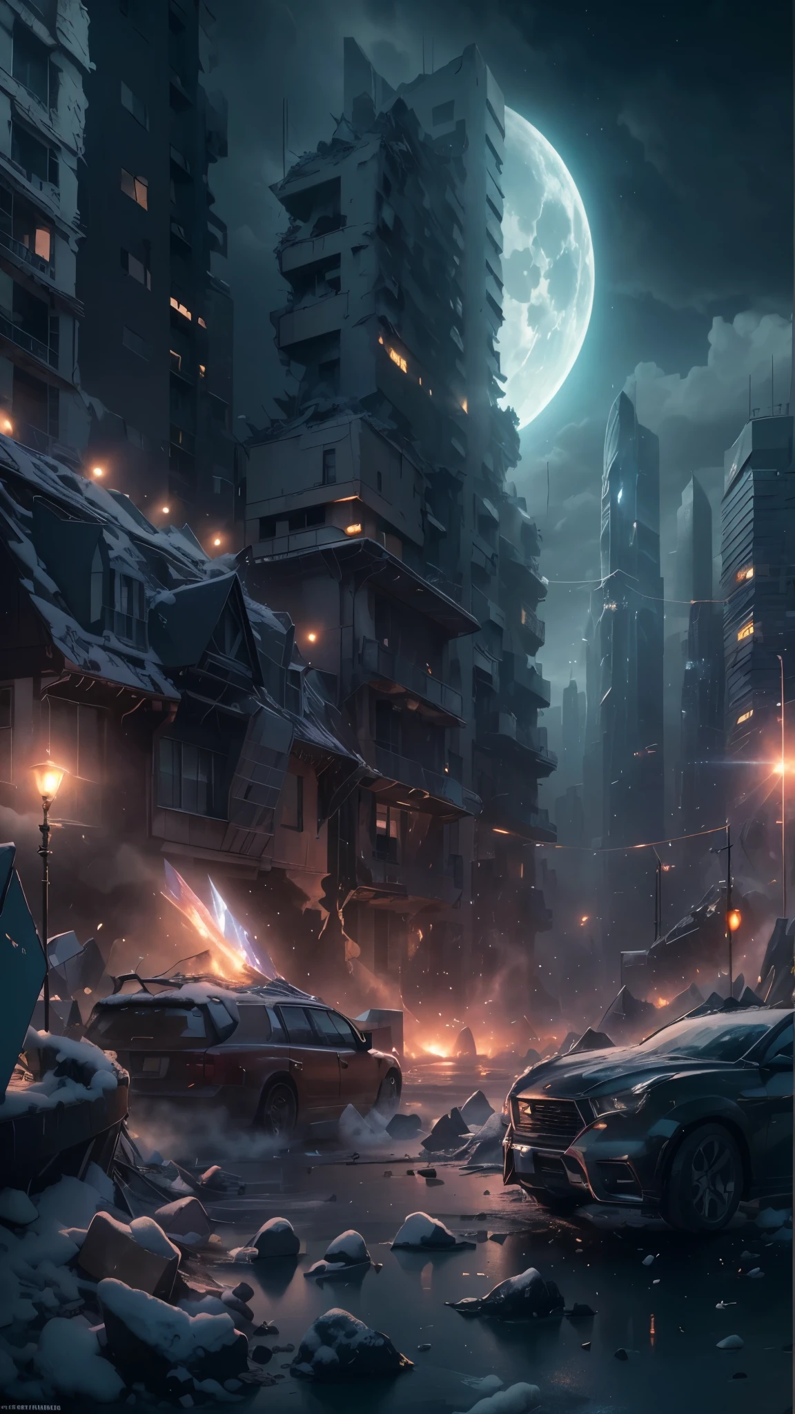 (The whole city:1.5),(Overlooking the perspective:1.5),wide wide shot,ssee-through,depth of fields,The end of the world,A city frozen in snow and ice,Icebergs in the distance,ice age,Landscape of the future,,Scattered debris,Collapsed building,rubble,nigth,terroral,Half moon in the sky,The end of the world,hyper HD,Chiaroscuro,Dynamic,Strong dynamics,(dynamic compositions:1.4),Hollywood science fiction movie scene,Epic surrealism, Ultra photo realsisim, ultra - detailed, Masterpiece,Screen space refraction, (Intricate details), (Intricate details, ultra - detailed:1.2), art stations, cinema shot, the complex background,with light glowing,Atmospheric lighting,Extremely detailed beauty,ridiculous, unbelievable Ridiculous, hugefilesize, unified, 8K picture wallpaper, magnifica, ridiculous, unbelievable Ridiculous,