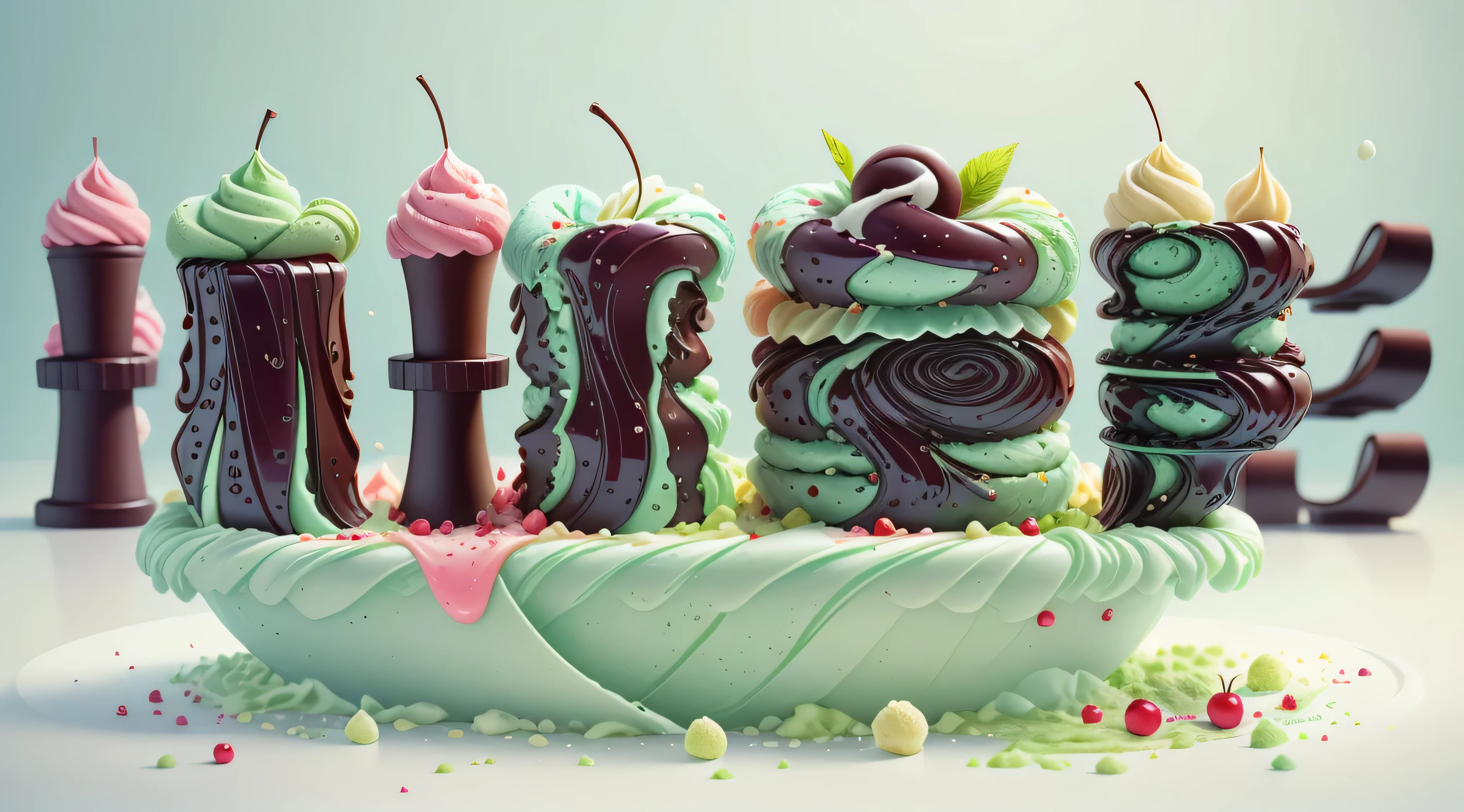 Matcha Ice Cream Cone，Top with dark chocolate sauce，soft，delicious， panoramic，Vibrant green background，Realistic and detailed images，Ultra-clear，best quality，Food wallpaper，cherry