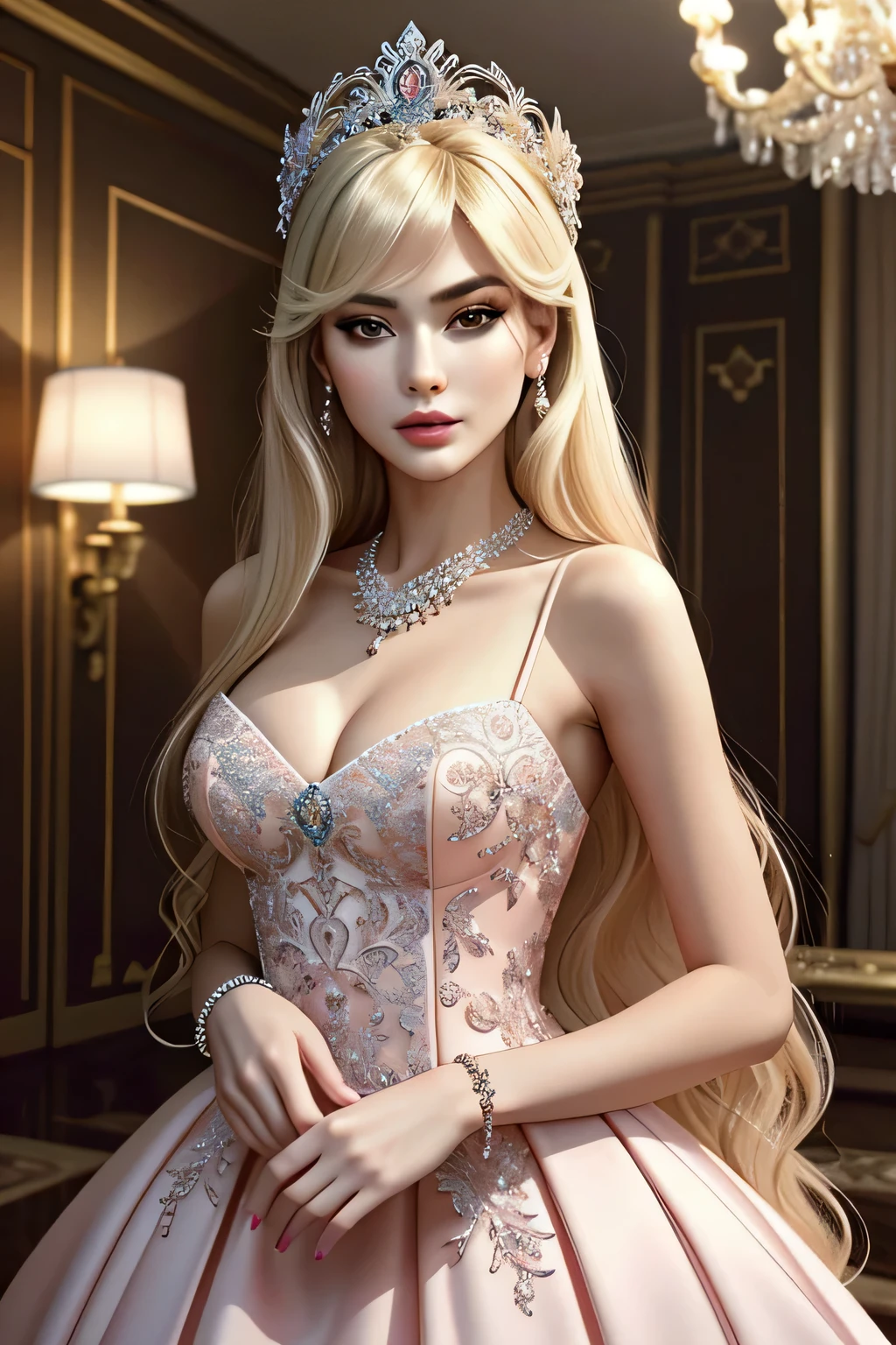 ((masterpiece, best quality,edge quality)) beautiful Arginine_miss,Arginine_Body,Arginine_Face, 芭比Face蛋，a miss with long hair [Pink prom dress|edge marquise], edge marquise, a miss with a blonde wig and a pearl necklace ,with a edge marquise_hairstyle, wearing a ballgown