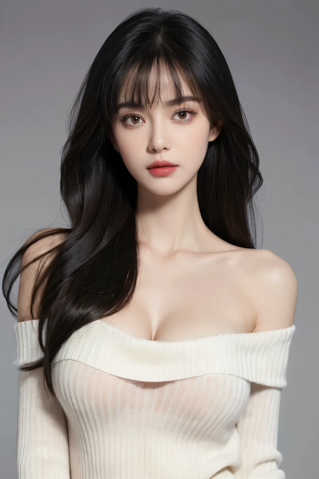 (lifelike,high resolution:1.3), A slim girl, The face shape and eyes are super delicate,black hair,red glossy lips,(beautiful face), (best quality), (Super detailed), (Extremely detailed CG unified 8k wallpaper),((Tight off-shoulder sweater)),(White background),(cleavage),(Model photo),sexy look,big eyes,(standing),(air bangs),(Slim waistline),Eyes look at the audience,Teardrop-shaped breasts,soft breasts,very realistic breasts,Character centered,black hair