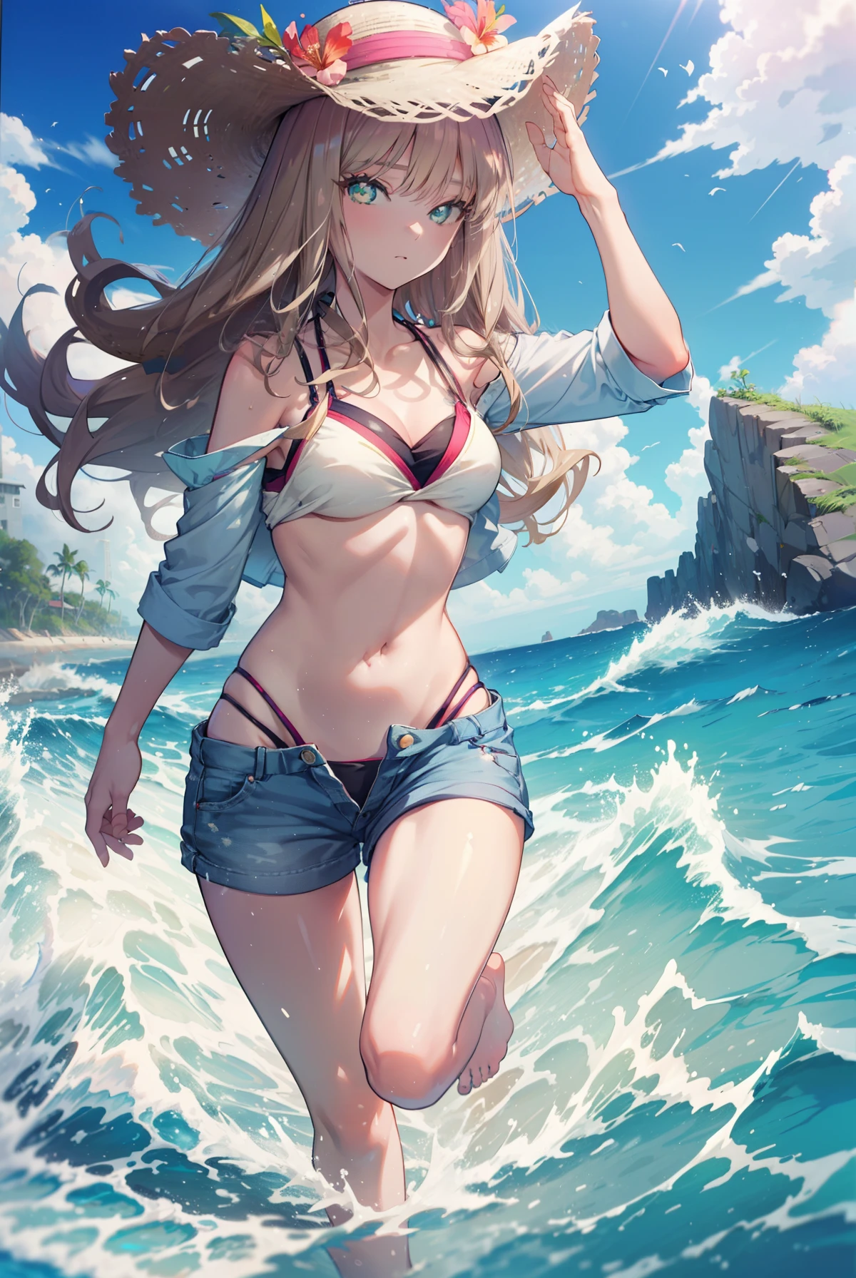 Southern dream bud,Southern dream bud　sss dynazenon ,brown hair,long hair,green eyes,Big straw hat,hibiscus hair ornament,Blue Bikini Swimsuit,Light floral pattern on the waist,wrap the cloth diagonally,barefoot,ビーチのsandy beachを散歩しながら,Sky blue hair waving in the breeze,
break outdoors, sandy beach,destroy the seaside (masterpiece:1.2), highest quality, High resolution, unity 8k wallpaper, (figure:0.8), (detailed and beautiful eyes:1.6), highly detailed face, perfect lighting, Very detailed CG, (perfect hands, perfect anatomy),