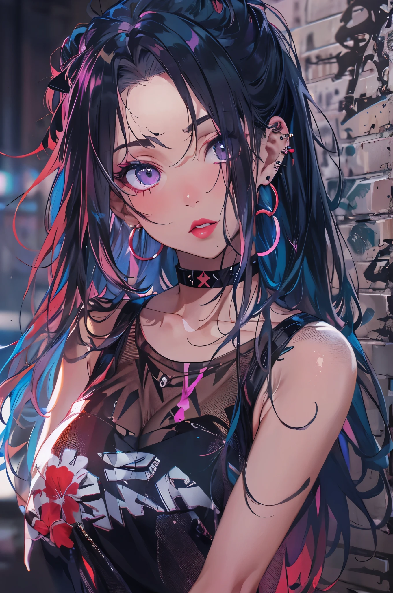 hair above one eye, purple eyes, clear eyes, choker, neon shirt, torn legwear, open jacket, towards the wall, brick wall, graffiti, shineing grafiti, shineing tattoos, shine, neon light, Black light,anime style, movieポートレート写真, 1 female, 22 years ago, Full body Esbian,big and full breasts, anger, (scarlet hair), long hair, purple eyes, wearing a short black dress, (natural skin texture vivid details, surreal, (realistic detailed eyes, natural skin texture, realistic facial details), soft and dramatic lighting, Depth of written boundary, Bokeh, vivid details, surreal, 35mm movie, hazy blur, movie,lipstick, ear piercing, eye shadow, hoop earrings, red pink lips, multicolored red eyes, purple theme,,Wear an iridescent aura,beautiful eyes,bold pose、decide on a pose,upper ponytail,hanging bangs,droopy eyes