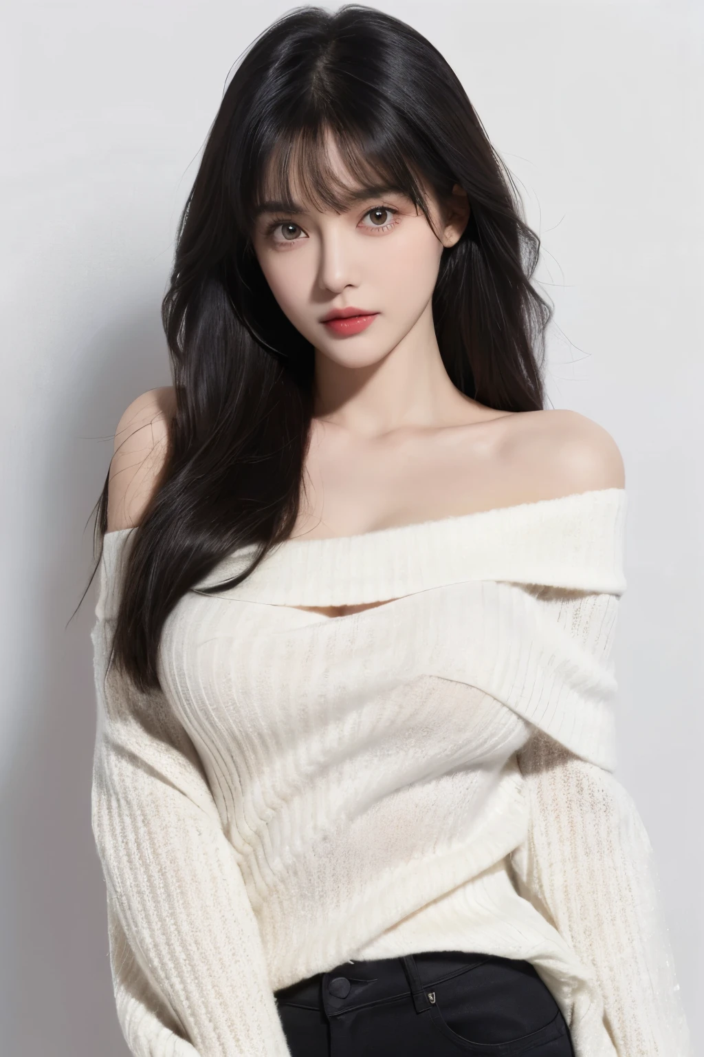 （lifelike,high resolution：1.3）， A slim girl， The face shape and eyes are super delicate,black hair,red glossy lips,(beautiful face), (best quality), (Super detailed), (Extremely detailed CG unified 8k wallpaper),((Tight off-shoulder sweater)),(White background),(cleavage),(Model photo),sexy look,big eyes,(standing),(air bangs),(Slim waistline)，Eyes look at the audience,Teardrop-shaped breasts,soft breasts,very realistic breasts,Character centered,black hair