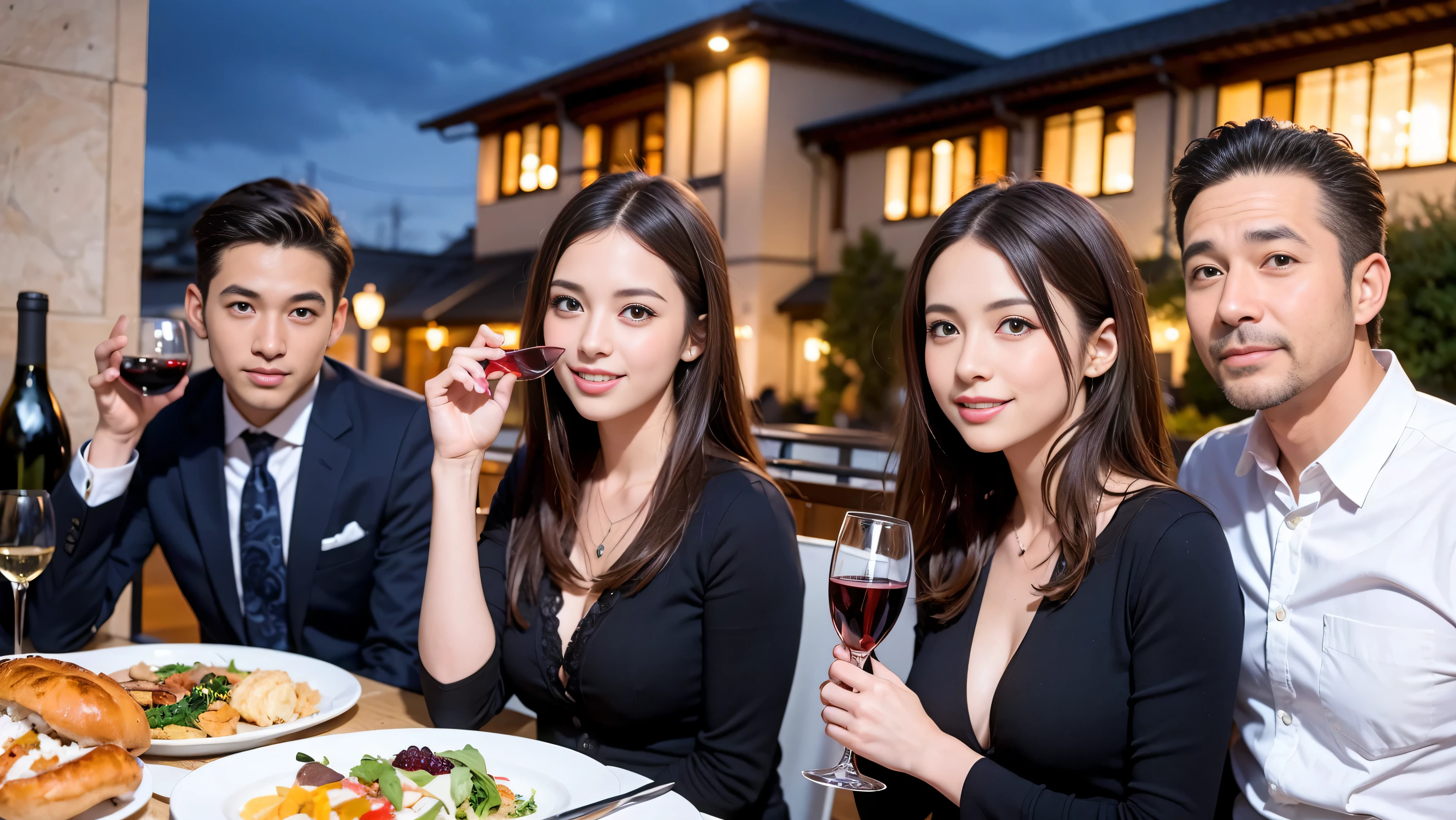 64k, Hmm, highest quality, masterpiece: 1.2), (realistic, photorealistic: 1.37),やわらかなsmile、gentle expression、 Super detailed, celebration party、beauty、charm、beautiful mature woman、3 women who love wine、three men、Tokyo、Yokohama、Paris、venice、Rome、Champagne、sparkling wine、winter night、restaurantでワイン宴会、(slimな男女4名),(Wine party for 5 people)、(slimフェイス),Happy、 最高なsmile、fox mask、Berry Short、(because I&#39;thin), (brown hair), (shortcut), long sleeve shirt、winter fashion、Columbia、Brazilian、Japanese、Dutch、German、Portuguese、Belgian、Italian、French, (Squirting), (slimボティ), (brown hair), (shortcut), 端正なbeauty、cheeks turn a little red, (41 years old), 38 years old, 35 years old、32 years old、 A beautiful and detailed night view spreads out outside the window............, restaurant, wine glassが座っている, At night, in a prominent place (from the Upper body) nova frog style, actress, model, Upper body, White wine, slim, wine glass, Very beautiful night view, wine glass Put in the Middle, Happy smile, (smile: 1.15), 
