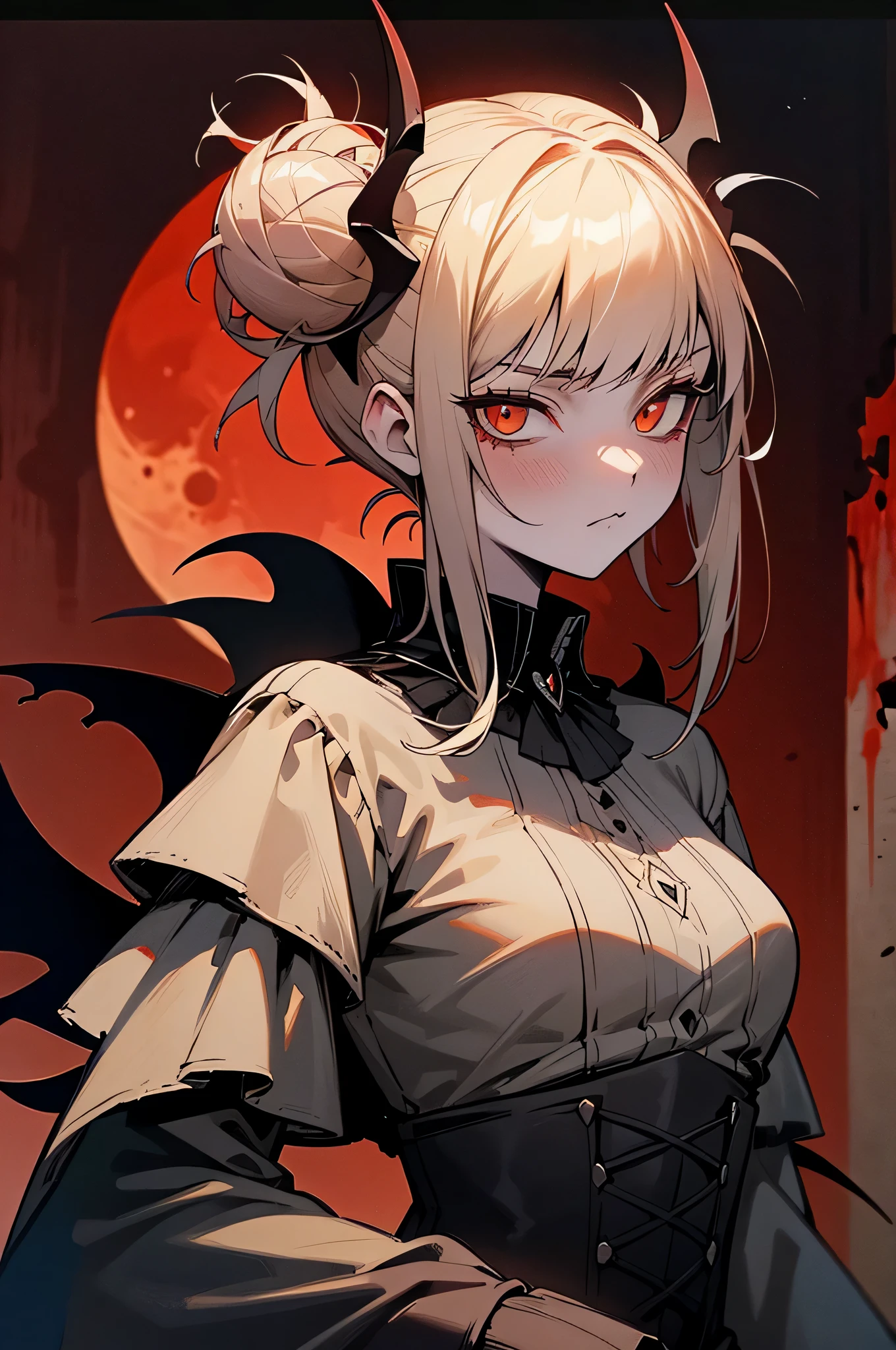 "(close up potrait), Dark fantasy, gothic style, tsundere vampire queen, wearing a gothic-style dress, with blood on the face, body, and a blood moon in the background. The scene is set in a gothic castle with lots of bats, emphasizing the pale skin and glowing eyes."