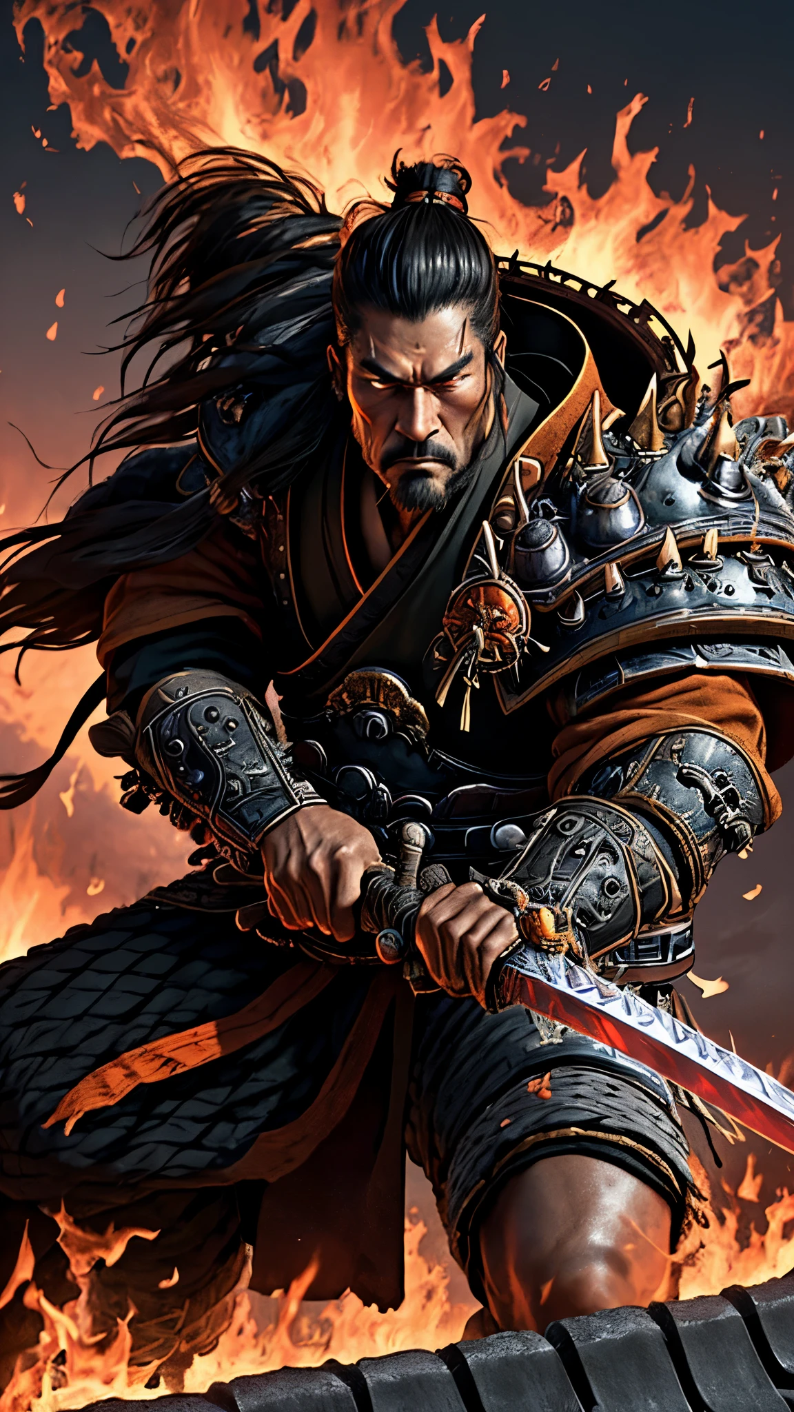 A majestic samurai, clad in traditional armor, wielding a sharp samurai sword in one hand and a nostalgic nodowa in the other, stands in resilient determination against the backdrop of a fiery, burning house. The house's engulfing flames, consuming everything in their path, cast an ominous, contrasting orange glow upon the brave warrior's rugged, sun-weathered face, revealing a furrowed brow and steely resolve. His long, black hair, styled with a topknot, seems to dance in the heated air around him. The once tranquil evening sky is now an atmospheric blend of fiery reds