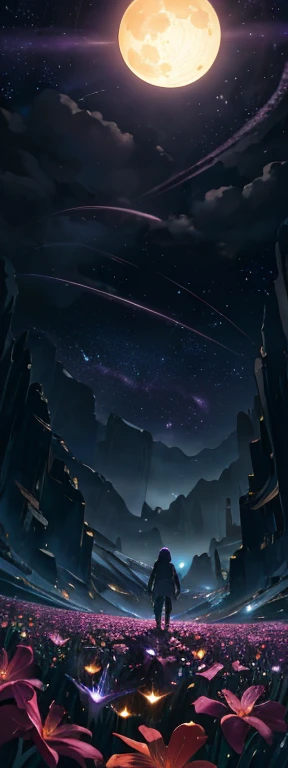 expansive landscape photograph , (a view from below that shows sky above and open field below), a girl standing on flower field looking up, (full moon:1.2), ( shooting stars:0.9), (nebula:1.3), distant mountain, tree BREAK
production art, (warm light source:1.2), (Firefly:1.2), lamp, lot of purple and orange, intricate details, volumetric lighting BREAK
(masterpiece:1.2), (best quality), 4k, ultra-detailed, (dynamic composition:1.4), highly detailed, colorful details,( iridescent colors:1.2), (glowing lighting, atmospheric lighting), dreamy, magical, (solo:1.2)