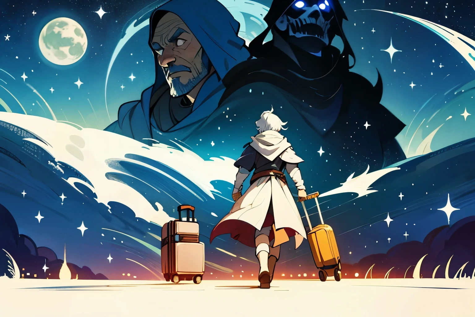 fantasy、Traveling、1human wizard、1human hero、1knight of man、beautiful background