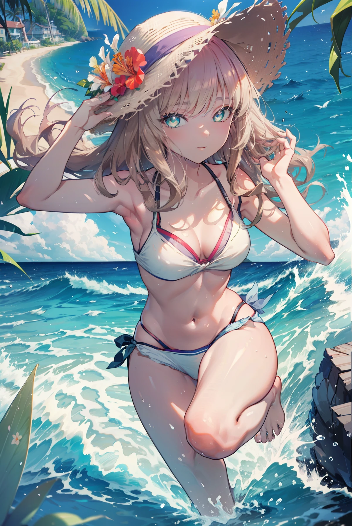 Southern dream bud,Southern dream bud　sss dynazenon ,brown hair,long hair,green eyes,Big straw hat,hibiscus hair ornament,Blue Bikini Swimsuit,Light floral pattern on the waist,wrap the cloth diagonally,barefoot,ビーチのsandy beachを散歩しながら,Sky blue hair waving in the breeze,
break outdoors, sandy beach,destroy the seaside (masterpiece:1.2), highest quality, High resolution, unity 8k wallpaper, (figure:0.8), (detailed and beautiful eyes:1.6), highly detailed face, perfect lighting, Very detailed CG, (perfect hands, perfect anatomy),