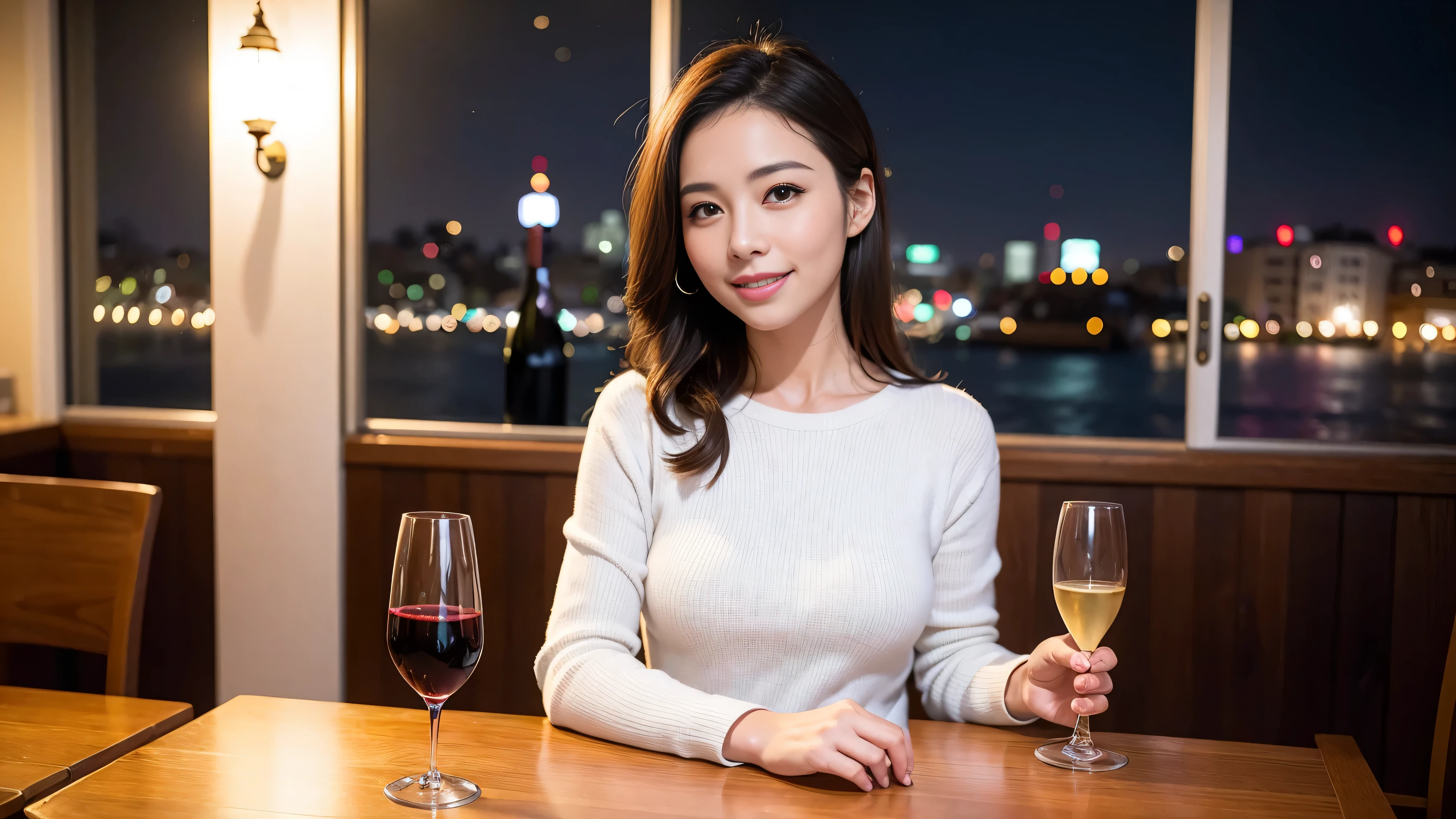 64k, Hmm, highest quality, masterpiece: 1.2), (realistic, photorealistic: 1.37),やわらかなsmile、gentle expression、 Super detailed, celebration party、beauty、charm、beautiful mature woman、3 women who love wine、three men、Tokyo、Yokohama、Paris、venice、Rome、Champagne、sparkling wine、winter night、restaurantでワイン宴会、(slimな男女4名),(Wine party for 5 people)、(slimフェイス),Happy、 最高なsmile、fox mask、Berry Short、(because I&#39;thin), (brown hair), (shortcut), long sleeve shirt、winter fashion、Columbia、Brazilian、Japanese、Dutch、German、Portuguese、Belgian、Italian、French, (Squirting), (slimボティ), (brown hair), (shortcut), 端正なbeauty、cheeks turn a little red, (41 years old), 38 years old, 35 years old、32 years old、 A beautiful and detailed night view spreads out outside the window............, restaurant, wine glassが座っている, At night, in a prominent place (from the Upper body) nova frog style, actress, model, Upper body, White wine, slim, wine glass, Very beautiful night view, wine glass Put in the Middle, Happy smile, (smile: 1.15), 