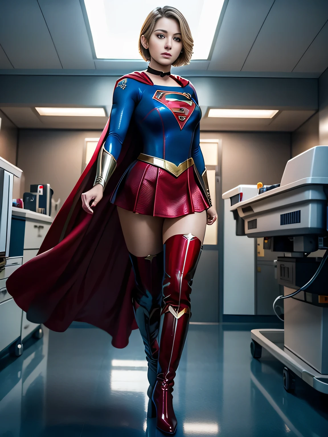 masterpiece,Short-haired Supergirl shows off her thighs on the hospital operating table、big and full breasts、look at the camera、shiny enamel costume、Gorgeous red enamel long boots、shiny red skirt、choker、long sleeve、Fluttering cloak、seductive gesture、sexy pose