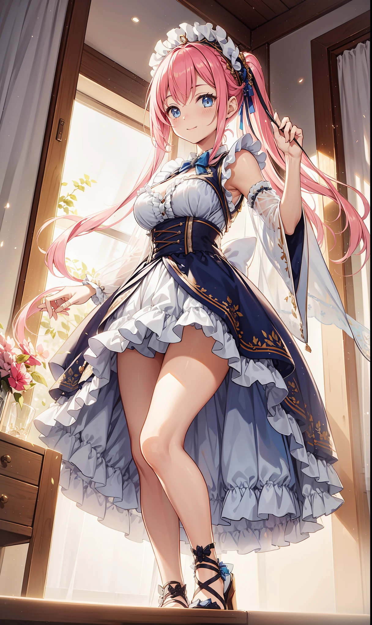 highly detailed skin, highly detailed face, (beautiful detailed blue eyes, red cheeks, smile), ((a girl stands)), The girl is a cute 18 year old bride, ((no panties, Cute, thin pubic hair)), (Not wearing a bra, small breasts, cute nipples), (iridescent wedding dress), ((rainbow colored heel shoes)), (white tights), the girl is slender, lace mini skirt,blonde hair, side ponytail hairstyle, flower hair ornament, earrings, iridescent lace gloves, The Veil of the Bride, bride tiara, beautiful necklace, church chapel, A blizzard of falling flowers, ((Photographed from the front so that the girl&#39;s whole body is included)),