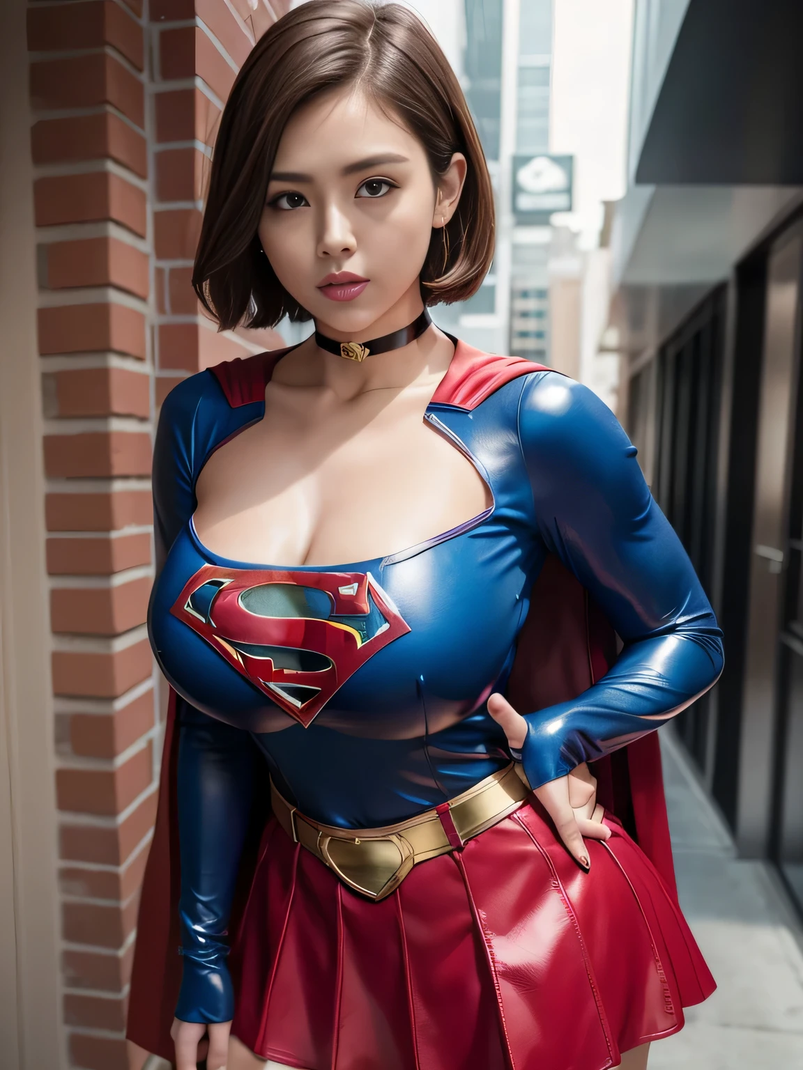 masterpiece、Shorthair Supergirl、big and full breasts、look at the camera、shiny costume、choker、red mini skirt、long sleeve、manga cover、obscene、seductive pose、provocative、sensational