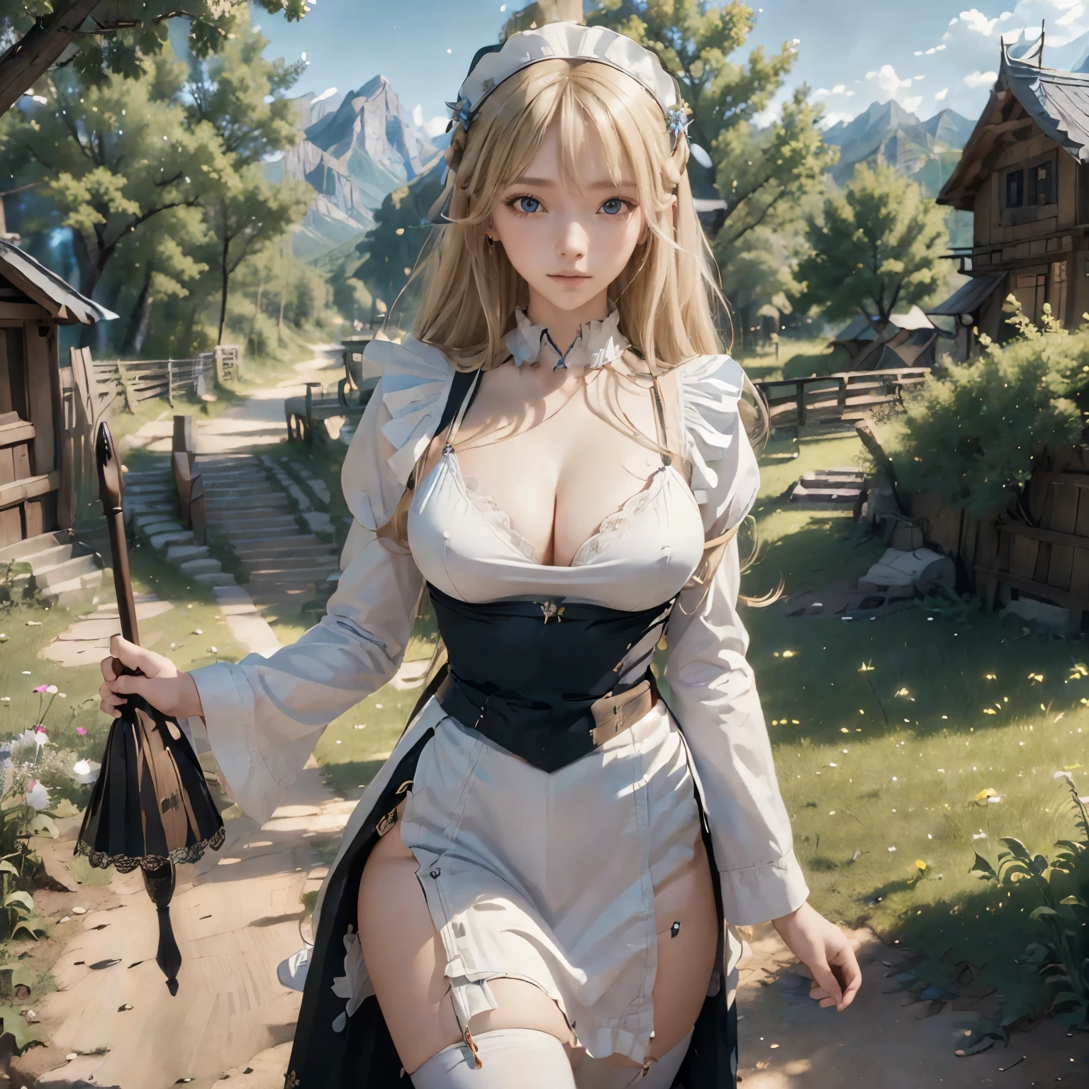 ((masterpiece)), ((best quality)), ((highres)), ((detailed background)), ((extremely detailed CG unity 8k wallpaper)), solo, shiona, blonde hair, long hair, blue eyes, hair tuft, cowboy shot, outdoors, ((maid outfit))