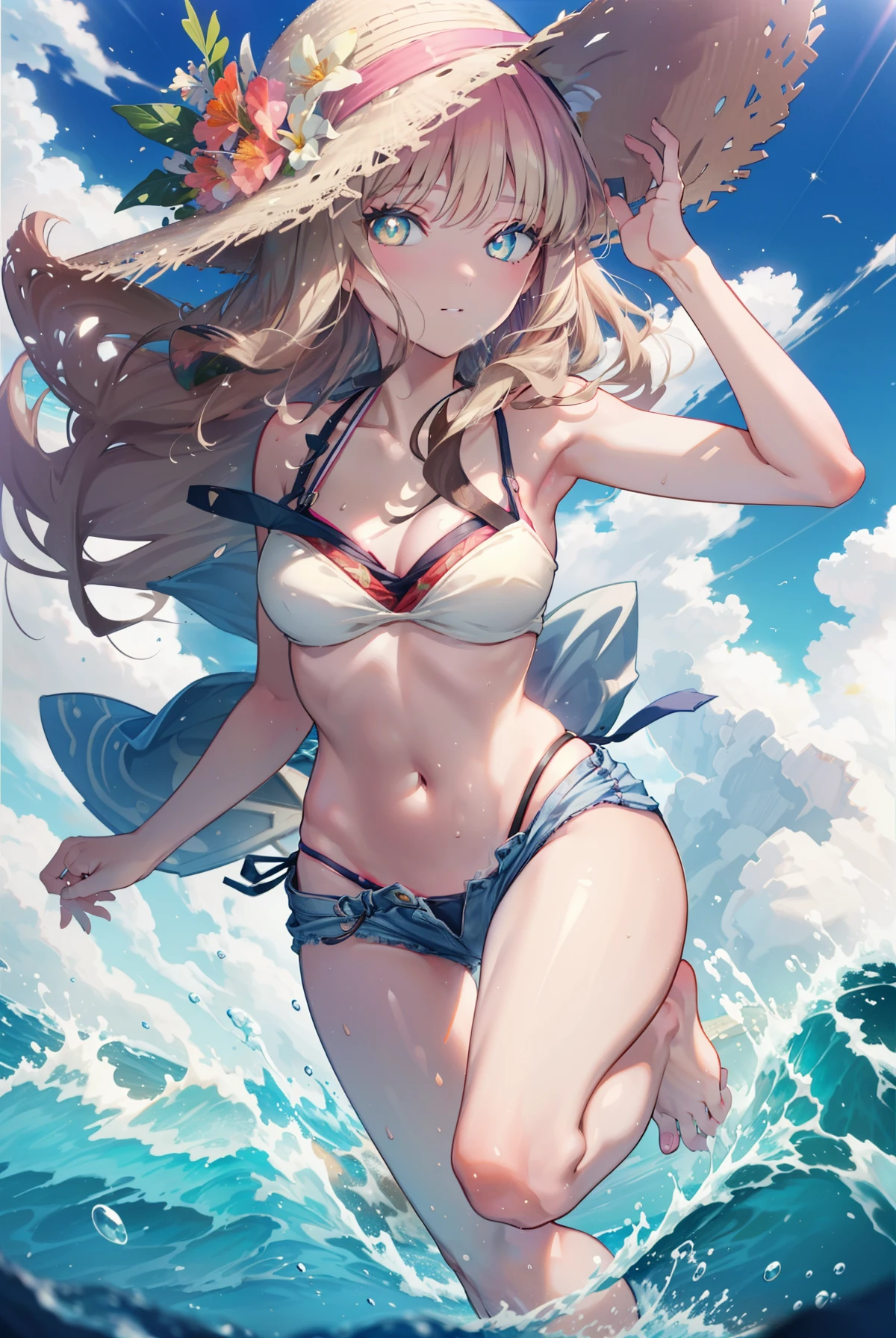 Southern dream bud,Southern dream bud　sss dynazenon ,brown hair,long hair,green eyes,Big straw hat,smile,blush hibiscus hair ornament,Blue Bikini Swimsuit,Light floral pattern on the waist,wrap the cloth diagonally,barefoot,ビーチのsandy beachを散歩しながら,Sky blue hair waving in the breeze,sandy beachに座ってる,
break outdoors, sandy beach,destroy the seaside (masterpiece:1.2), highest quality, High resolution, unity 8k wallpaper, (figure:0.8), (detailed and beautiful eyes:1.6), highly detailed face, perfect lighting, Very detailed CG, (perfect hands, perfect anatomy),