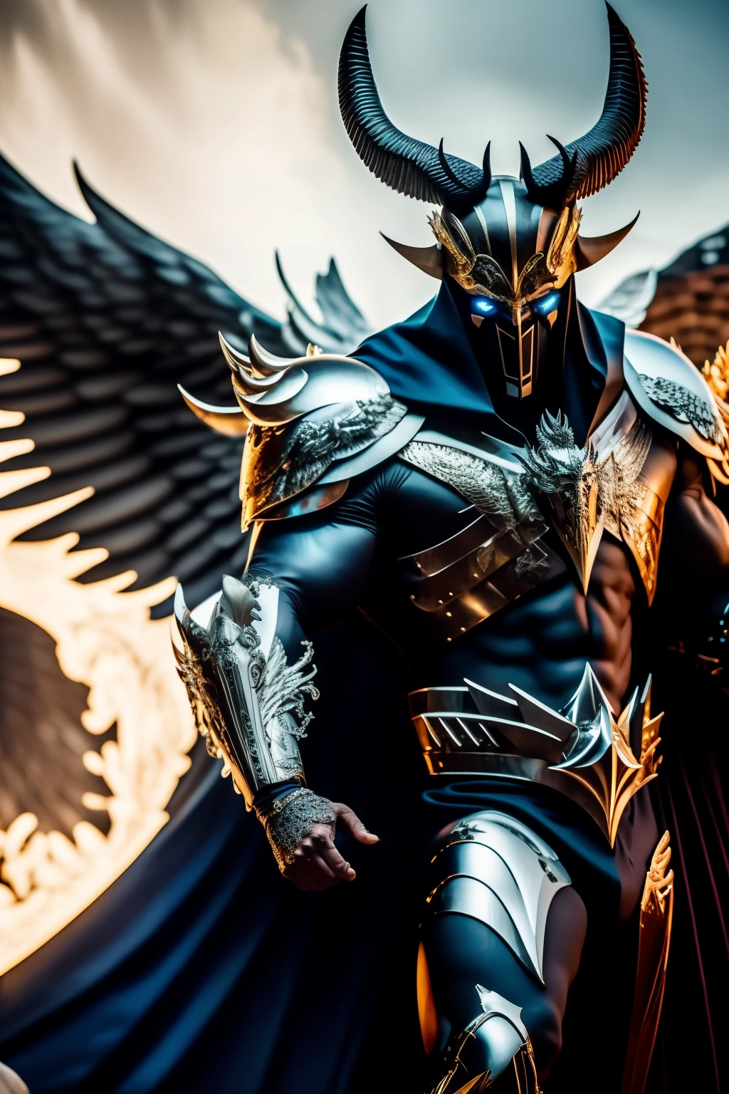 In the epic battle between good and evil, a male and female figure, both in their twenties, stand resolutely, clad in intricately designed God and Angel armor. Their fierce expressions radiate determination as they cast out the enigmatic Satan, a sexualized metal hero whose allure lies in his mysterious, sadistic, cunning, and intelligent demeanor. His black wings unfurl ominously, while horns adorn his head in a display of malevolent power.
The highly detailed 8k image captures every nuance of this confrontation, from the tantalizing sheen on the God and Angel armor to the meticulously crafted contours of Satan's