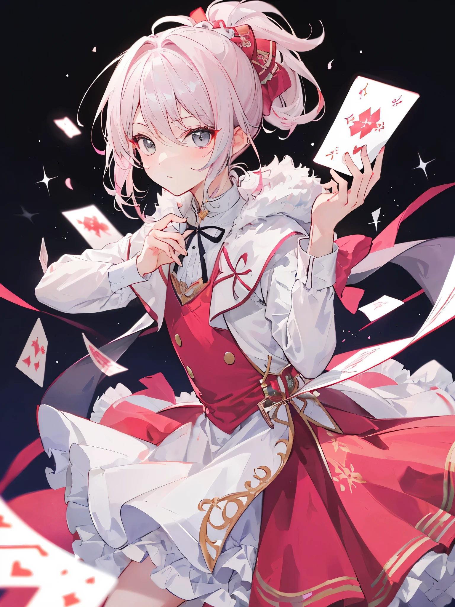 a boy, ponytail, grey eyes, lightpink hair, ((German style dress)), ((magician)), ((变装)), (单人), ((美少男))