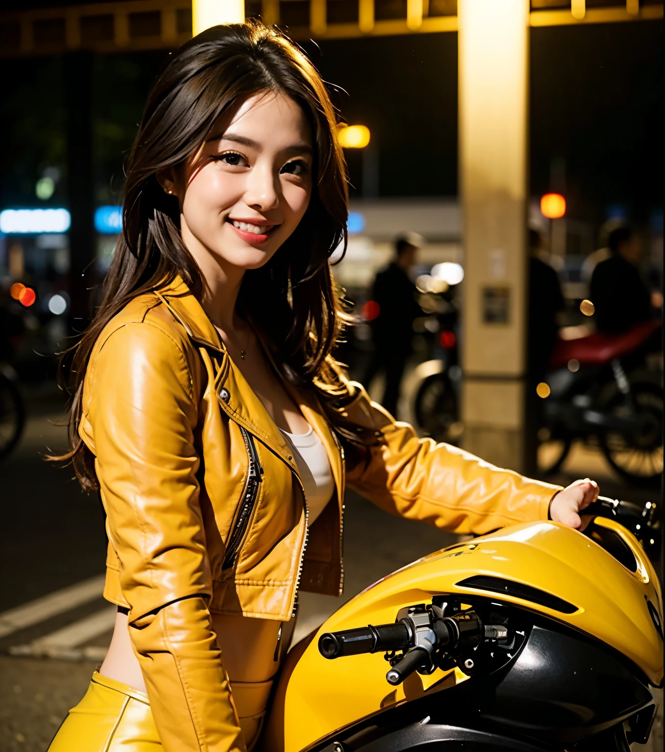 ((best quality)), ((masterpiece)), ((perfect face))、(detailed motorcycle)、Detailed and clear photos、((bike girls))、slender body、((Light yellow riding jacket and leather pants))、smile、((posing next to a motorcycle))