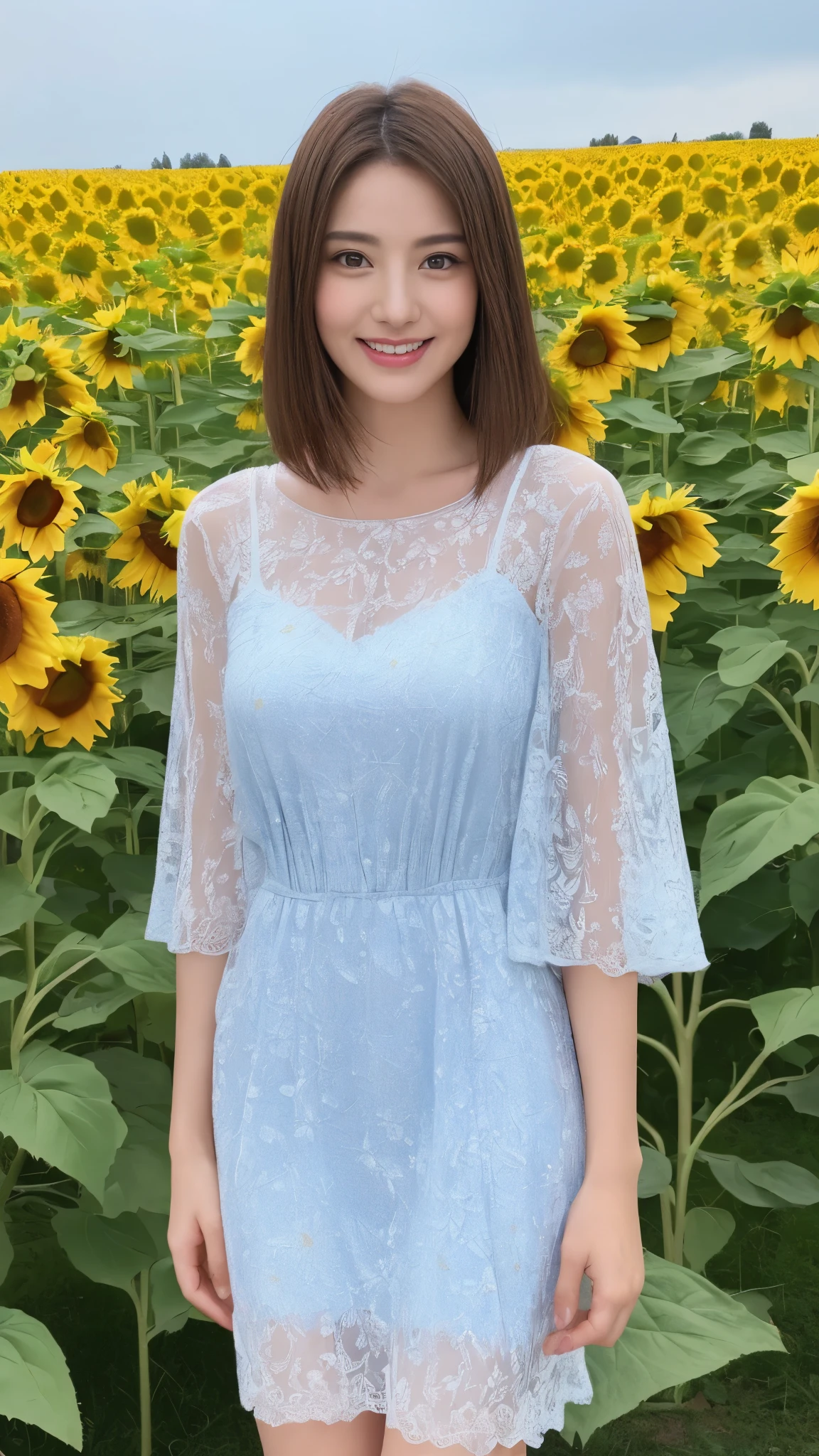 ((highest quality、8K、masterpiece:1.3))、sharp:1.2、perfect body beauty:1.4、slim abs:1.2、big、beautiful face、laughter、((casual dress:1.3))、(Sunflower field background:1.2)、straight hair、Highly detailed face and skin texture、detailed eye、Looking at the camera、Portrait
