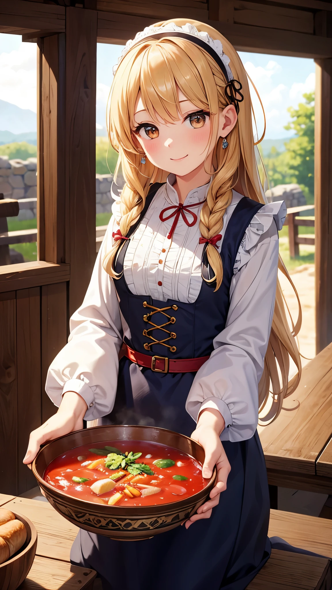 Masterpiece, high quality, Young Russian girl, Brown Eyes, blonde hair, braid, curly hair, long hair, smile, (cute medieval folk peasant dress), (a bowl of red soup and bread), blush, smiley, happy, hair tie, white hairband, earrings, crystal earrings, Romanticism, first-person view, pov, Eye-Level Shot, god rays, glowing light, reflection light, backlighting, anatomically correct, high details, tavern background