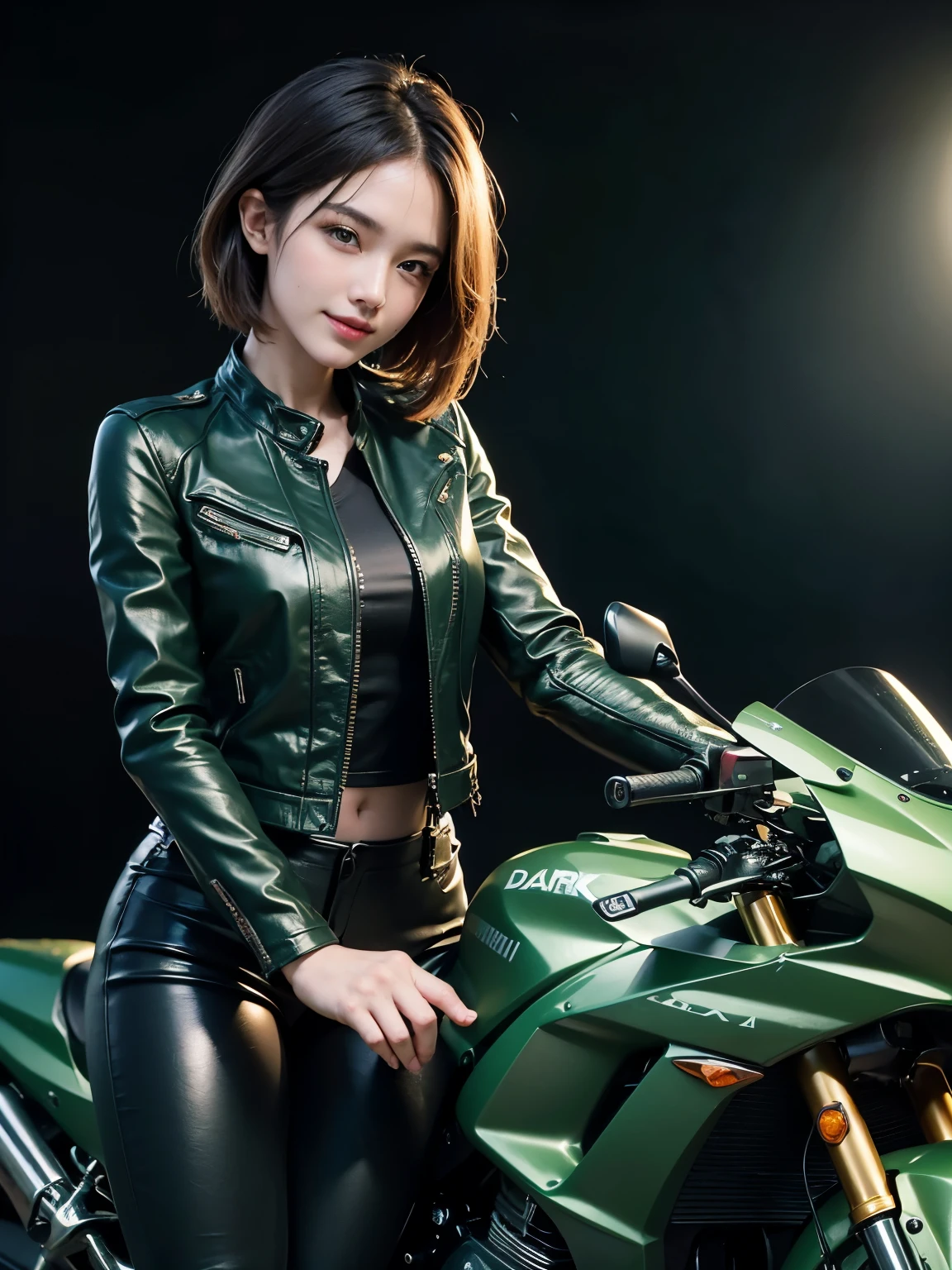 ((best quality)), ((masterpiece)), ((perfect face))、(detailed motorcycle)、Detailed and clear photos、((bike girls))、slender body、((Dark green long sleeve riding jacket and leather pants))、smile、((posing next to a motorcycle))、short hair