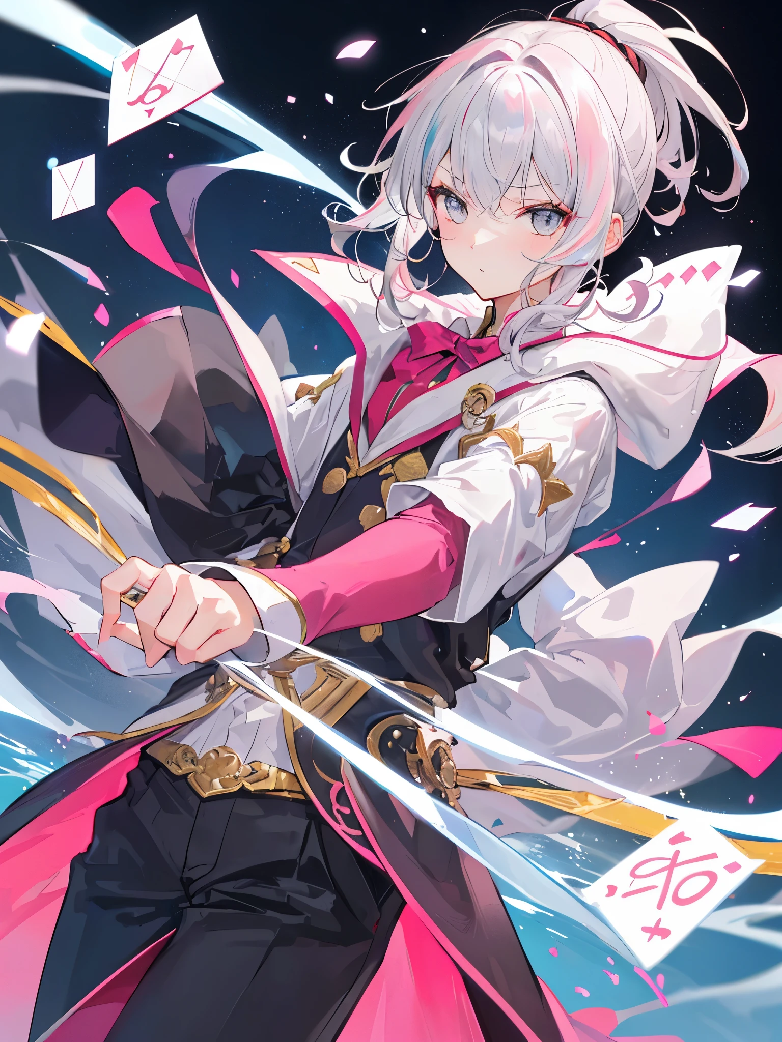 a boy, ponytail, grey eyes, lightpink hair, ((magician)), ((变装)), (单人), ((美少男)) 
