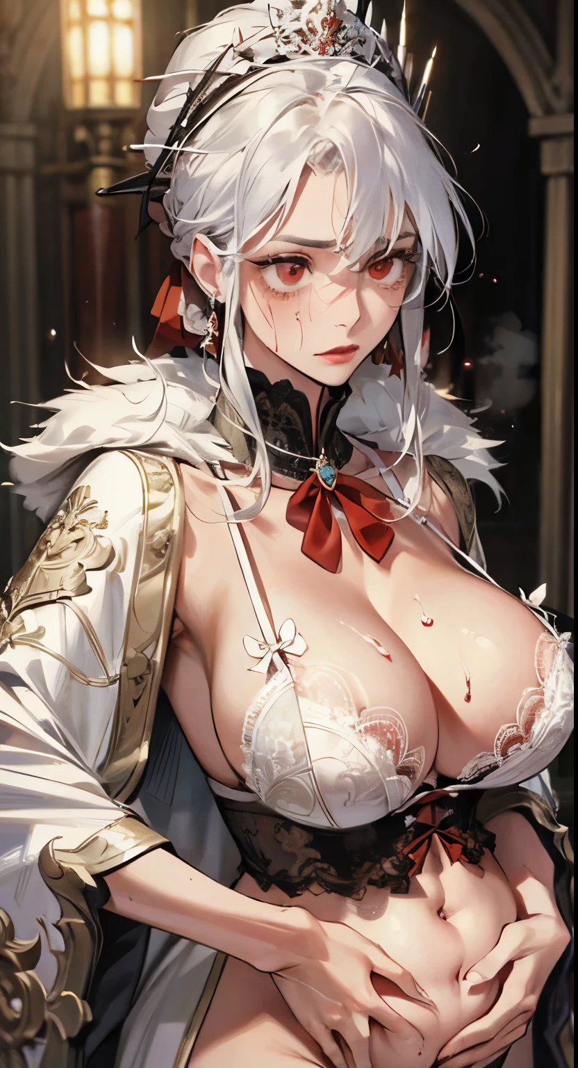 (best quality,high resolution:1.2), super detailed, actual:1.37, A mature and beautiful lady wearing a palace robe, Lace lingerie, A look of disgust on her face,frown, close up of her breasts, white hair, red eyes, and exposed her underwear, The focus is on her plump breasts,Highlight the chest, Mature and sexy,腹部tattoo,tattoo,red face,Pregnant,sweat profusely.