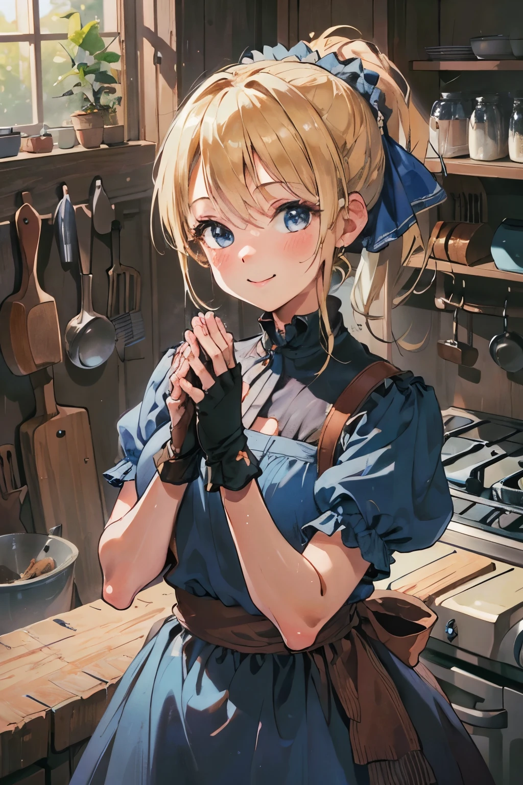 (masterpiece, best quality:1.2), Cowboy shooting, alone, 1 girl, Piper, Smile, looking at the audience, (Put your hands on your cheeks:1.2), blonde hair, ponytail, blue dress, puffy short sleeves, fingerless gloves, kitchen