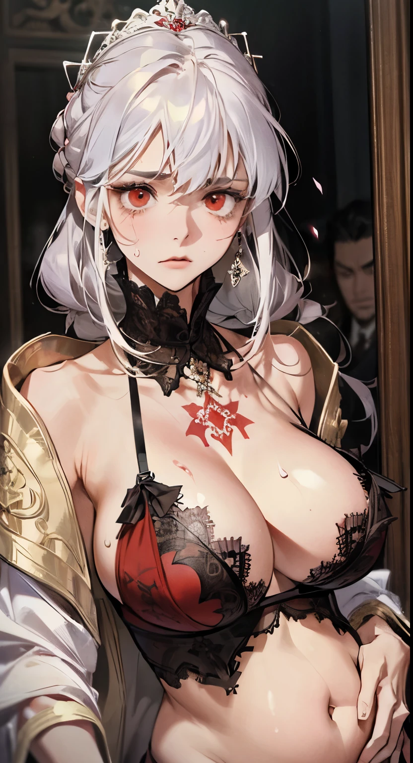 (best quality,high resolution:1.2), super detailed, actual:1.37, A mature and beautiful lady wearing a palace robe, Lace lingerie, A look of disgust on her face，frown, close up of her breasts, white hair, red eyes, and exposed her underwear, The focus is on her plump breasts，Highlight the chest, Mature and sexy，腹部tattoo，tattoo，red face，Pregnant，sweat profusely.