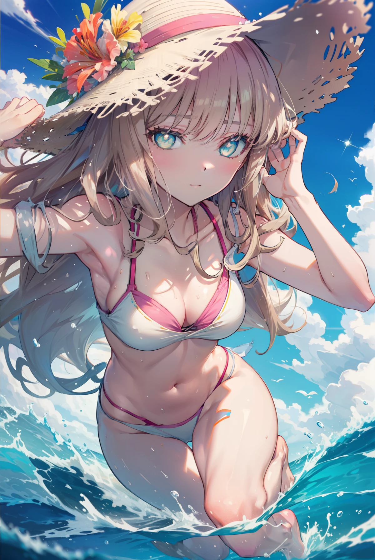 Southern dream bud,Southern dream bud sss dynazenon ,brown hair,long hair,green eyes,Big straw hat,smile,blush,hibiscus hair ornament,Blue Bikini Swimsuit,barefoot,ビーチのsandy beachを散歩しながら,Sky blue hair waving in the breeze,sandy beachに座ってる,
break outdoors, sandy beach,destroy the seaside (masterpiece:1.2), highest quality, High resolution, unity 8k wallpaper, (figure:0.8), (detailed and beautiful eyes:1.6), highly detailed face, perfect lighting, Very detailed CG, (perfect hands, perfect anatomy),