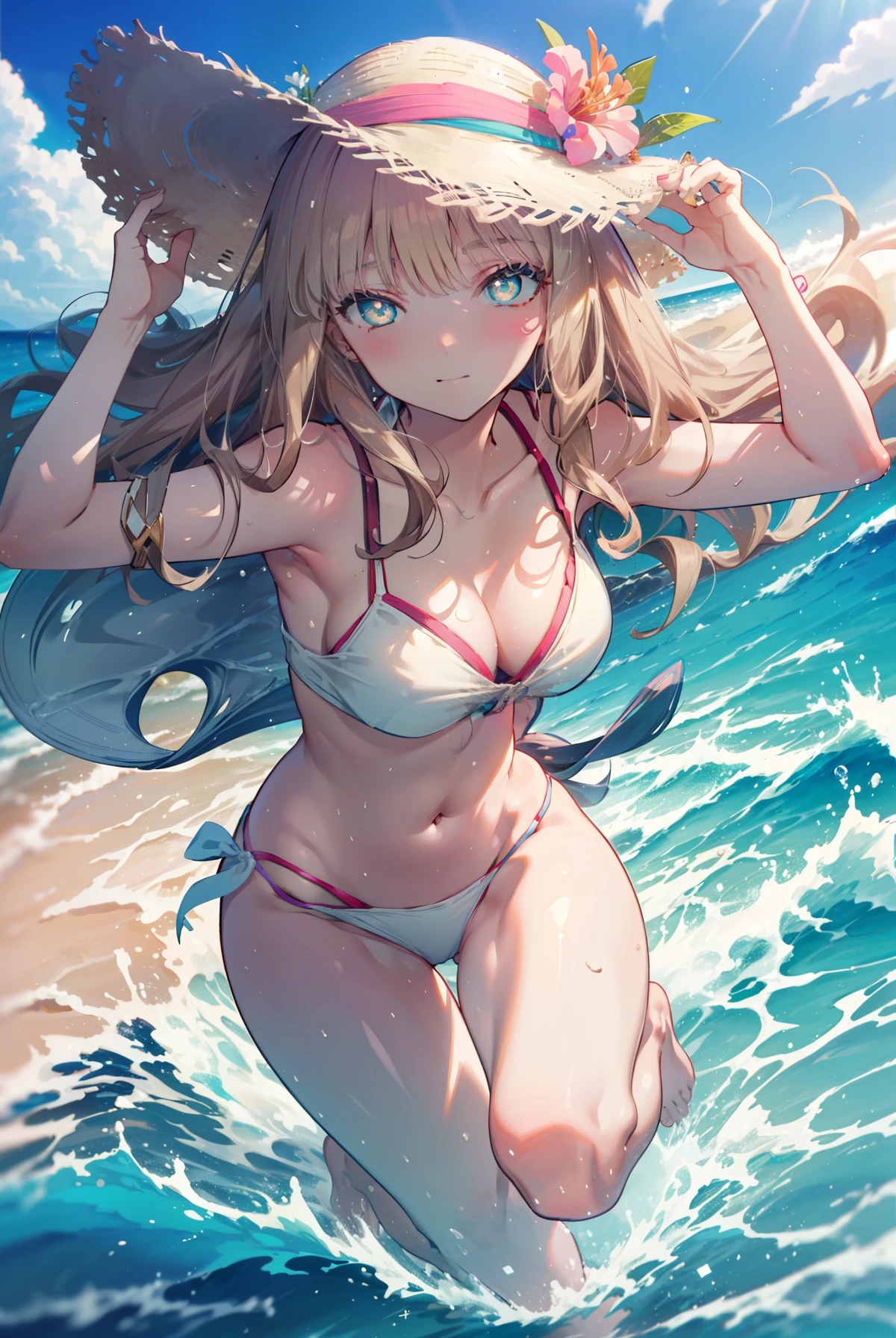 Southern dream bud,Southern dream bud sss dynazenon ,brown hair,long hair,green eyes,Big straw hat,smile,blush,hibiscus hair ornament,Blue Bikini Swimsuit,barefoot,ビーチのsandy beachを散歩しながら,Sky blue hair waving in the breeze,sandy beachに座ってる,
break outdoors, sandy beach,destroy the seaside (masterpiece:1.2), highest quality, High resolution, unity 8k wallpaper, (figure:0.8), (detailed and beautiful eyes:1.6), highly detailed face, perfect lighting, Very detailed CG, (perfect hands, perfect anatomy),