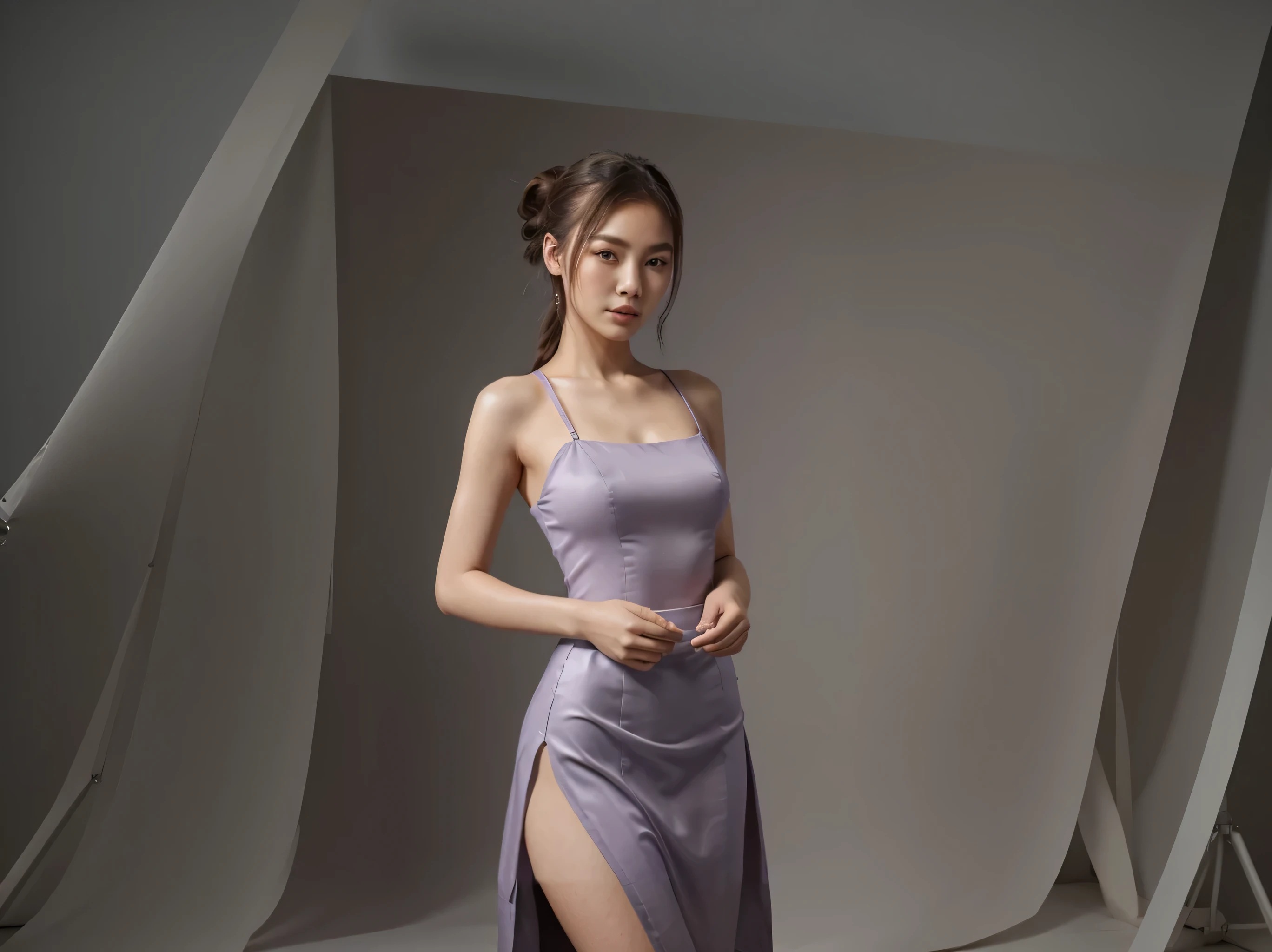 fashion model in a photo studio. lighting props and backdrop equipment