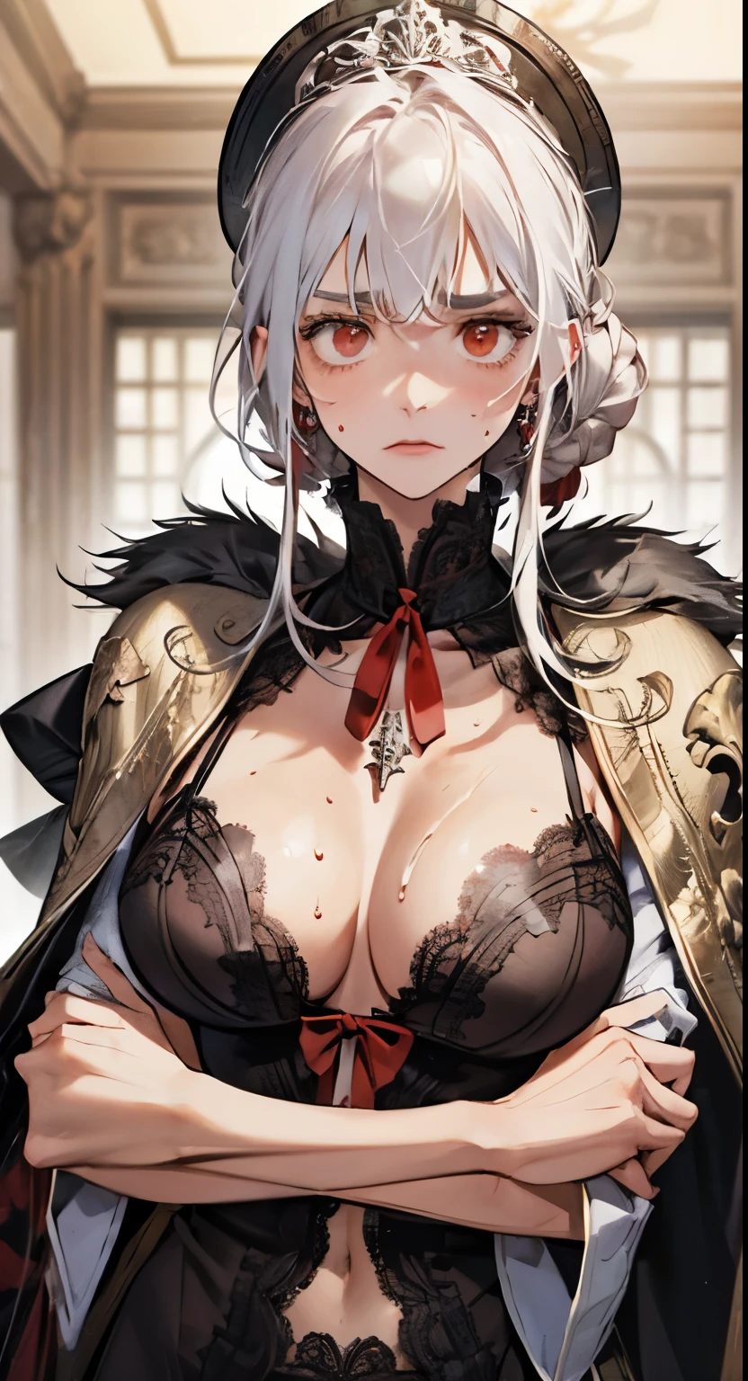 (best quality,high resolution:1.2), super detailed, actual:1.37, A mature and beautiful lady wearing a palace robe, Lace lingerie, A look of disgust on her face，frown, close up of her breasts, white hair, red eyes, and exposed her underwear, The focus is on her plump breasts，Highlight the chest, Mature and sexy，腹部tattoo，tattoo，red face，，state，sweat profusely.