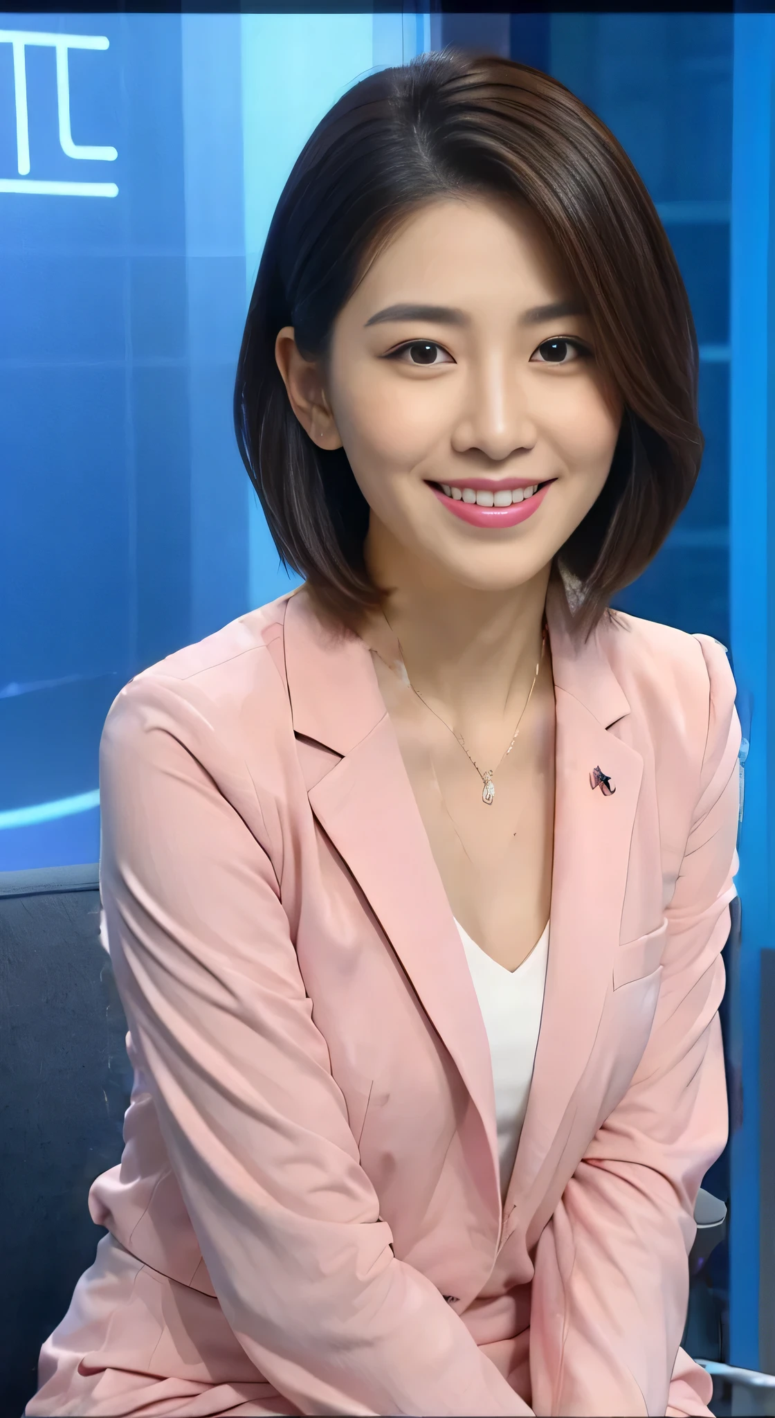 The announcer wore a tight long-sleeved light pink suit、online service、sitting in the studio