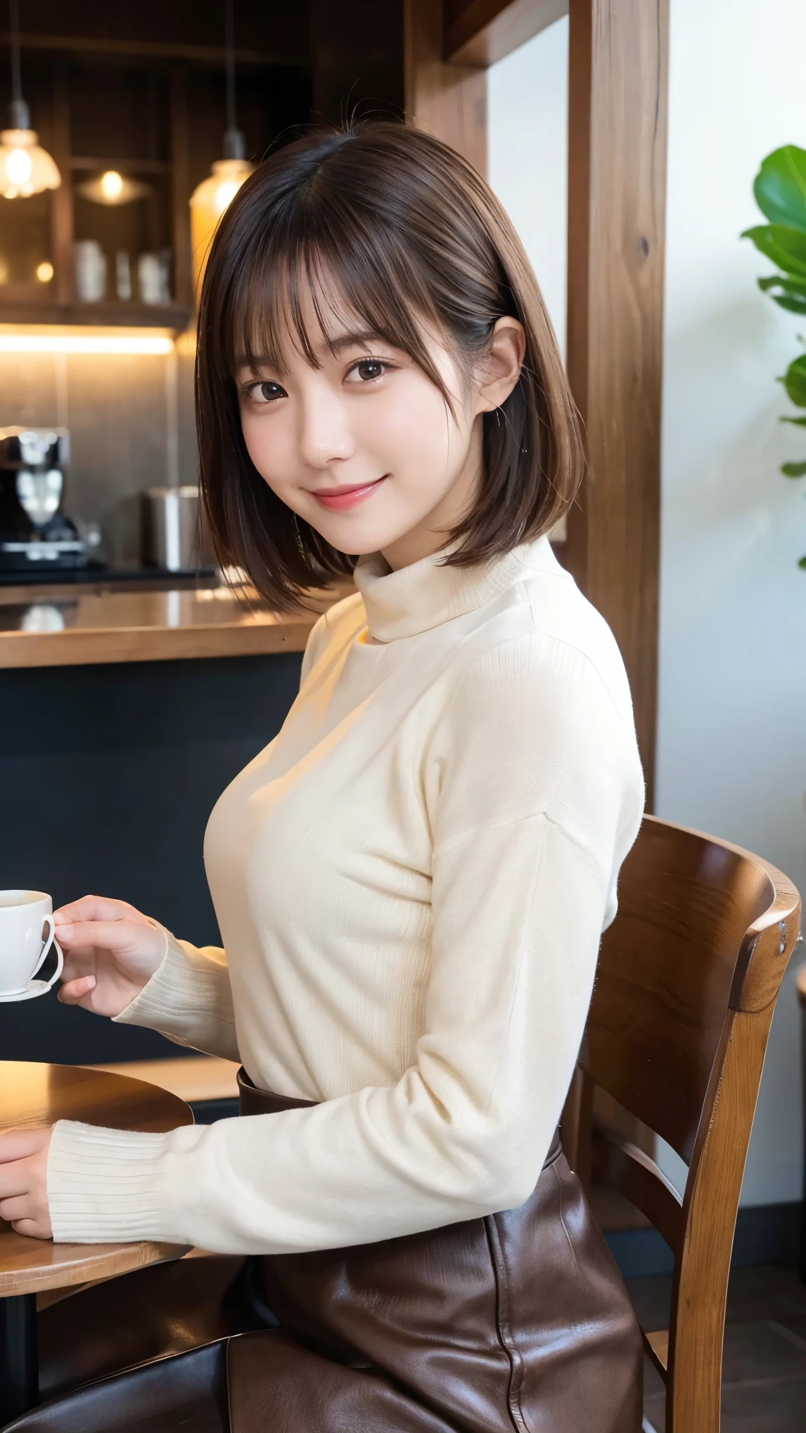 (highest quality,masterpiece:1.3,ultra high resolution),(Super detailed,caustics,8k),(photorealistic:1.4,RAW shooting),Cafe,counter seat,Chair,Coffee cup,20-year-old,1 girl,cute,natural brown short hair,turtleneck sweater,big ,long skirt,look at the camera with a smile,Chairに座る,side shot,shot from the waist up,soft light,professional writing,face focus