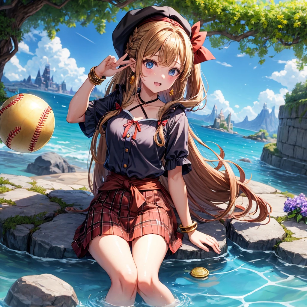 reddish-brown blonde、blue eyes、Braid、ponytail、one good looking girl、solo、anime、plaid mini skirt、the skirt has buttons、camisole、black t-shirt、dress、wearing a ribbon、ribbon at waist、cloak、Crystal Grotto、hood、desert、clouds are swirling、stone slabs are piled up、one hand raised、Wearing a baseball cap 、crystal earrings、sun、sitting、gold coins are falling、teeth are visible、splash of water、monster castle、have a world map、bow、Swing