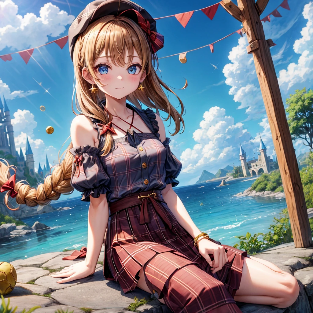 reddish-brown blonde、blue eyes、Braid、ponytail、one good looking girl、solo、anime、plaid mini skirt、the skirt has buttons、camisole、black t-shirt、dress、wearing a ribbon、ribbon at waist、cloak、Crystal Grotto、hood、desert、clouds are swirling、stone slabs are piled up、one hand raised、Wearing a baseball cap 、crystal earrings、sun、sitting、gold coins are falling、teeth are visible、splash of water、monster castle、have a world map、bow、Swing