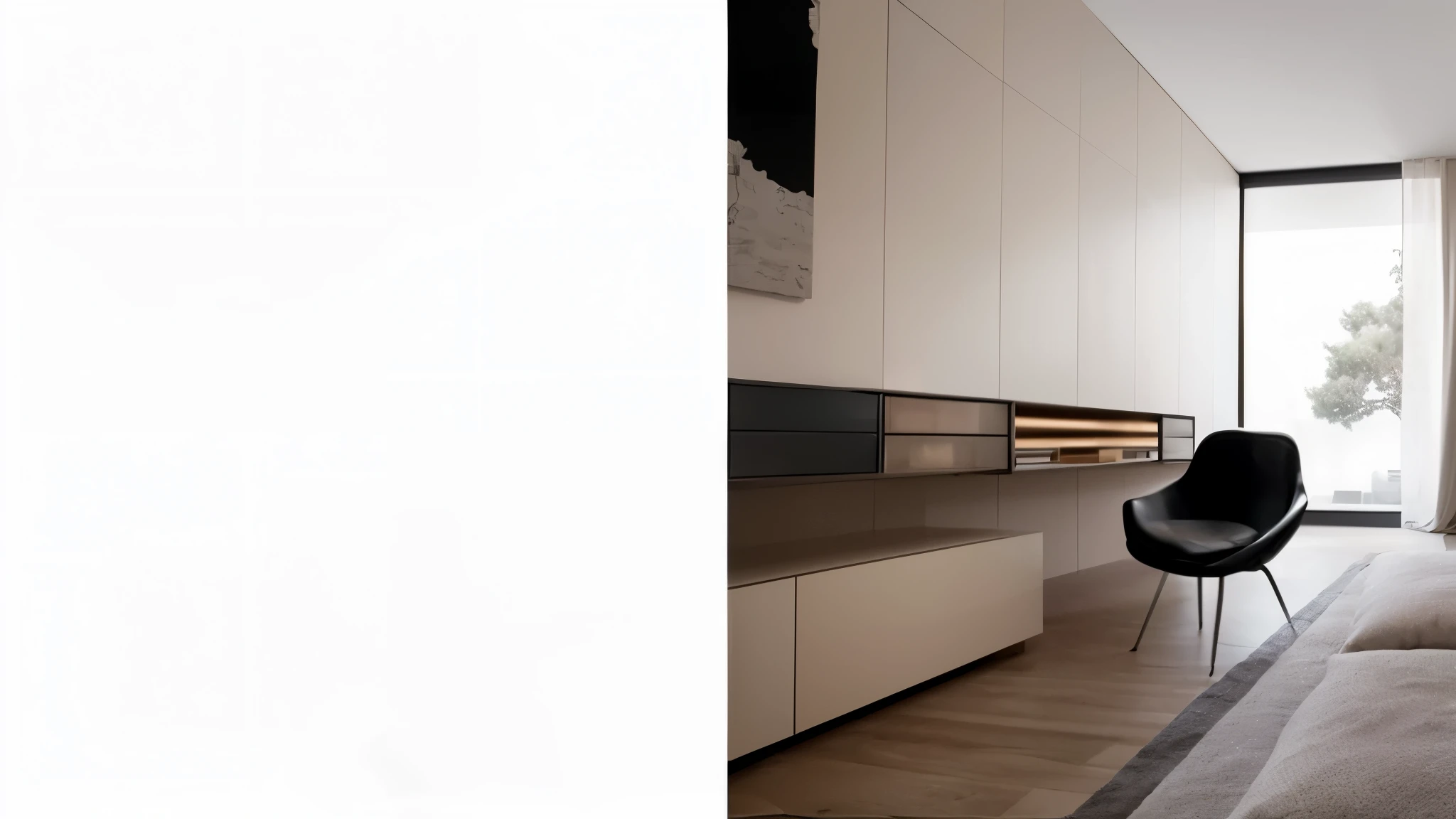 A black chair in a white room with large windows, Inspired by David Chipperfield, fine line work, Modern and simple, Award-winning masterpiece, Taken in 2022, Low details and clean lines, Such a design, 4k ], 4k], Clear and smooth lines, color, idea, smooth paneling, Stylish design