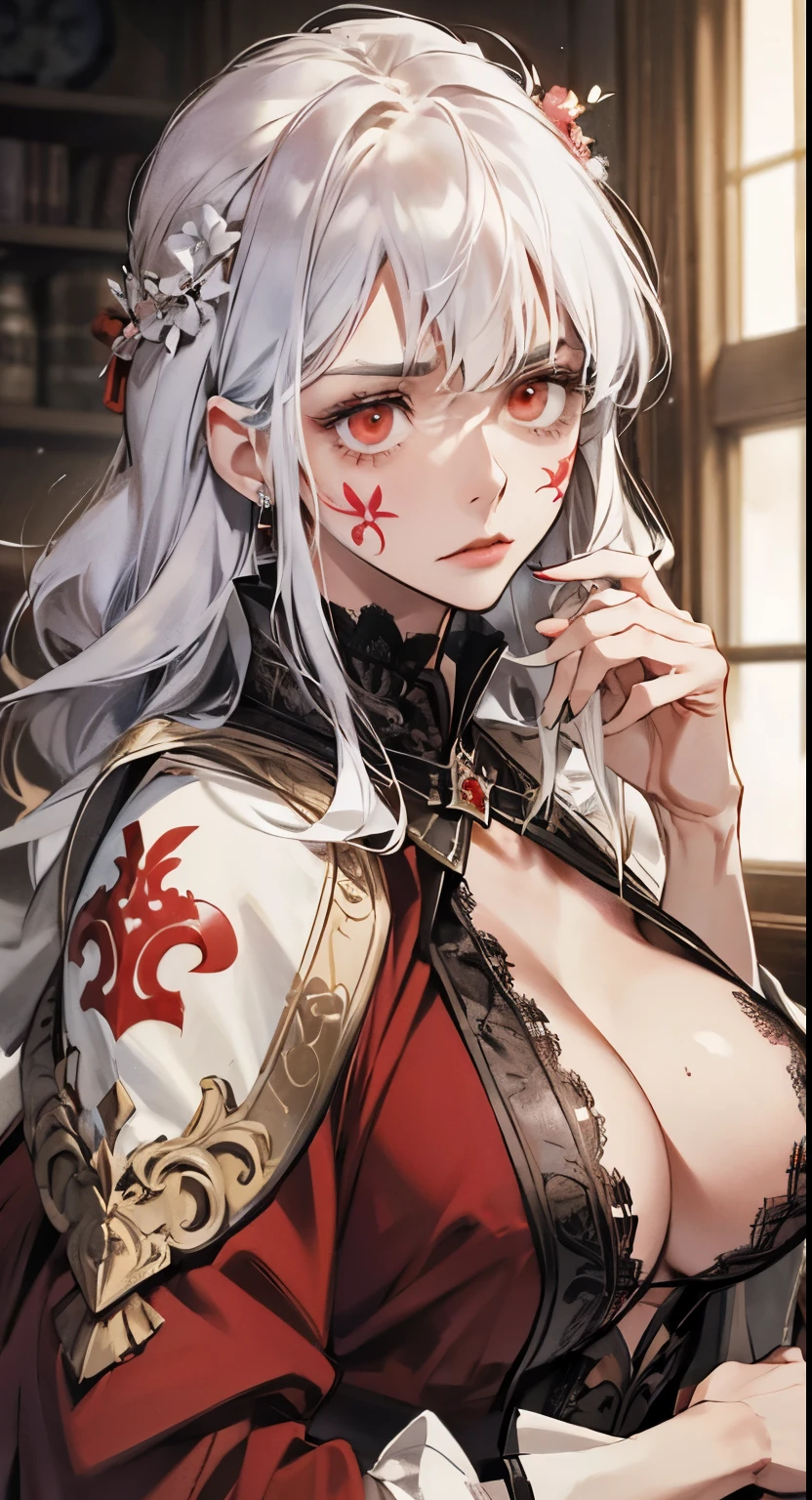 (best quality,high resolution:1.2), super detailed, actual:1.37, A mature and beautiful lady wearing a palace robe, Lace lingerie, A look of disgust on her face,frown, close up of her breasts, white hair, red eyes, and exposed her underwear, The focus is on her plump breasts,Highlight the chest, Mature and sexy,腹部tattoo,tattoo,red face.