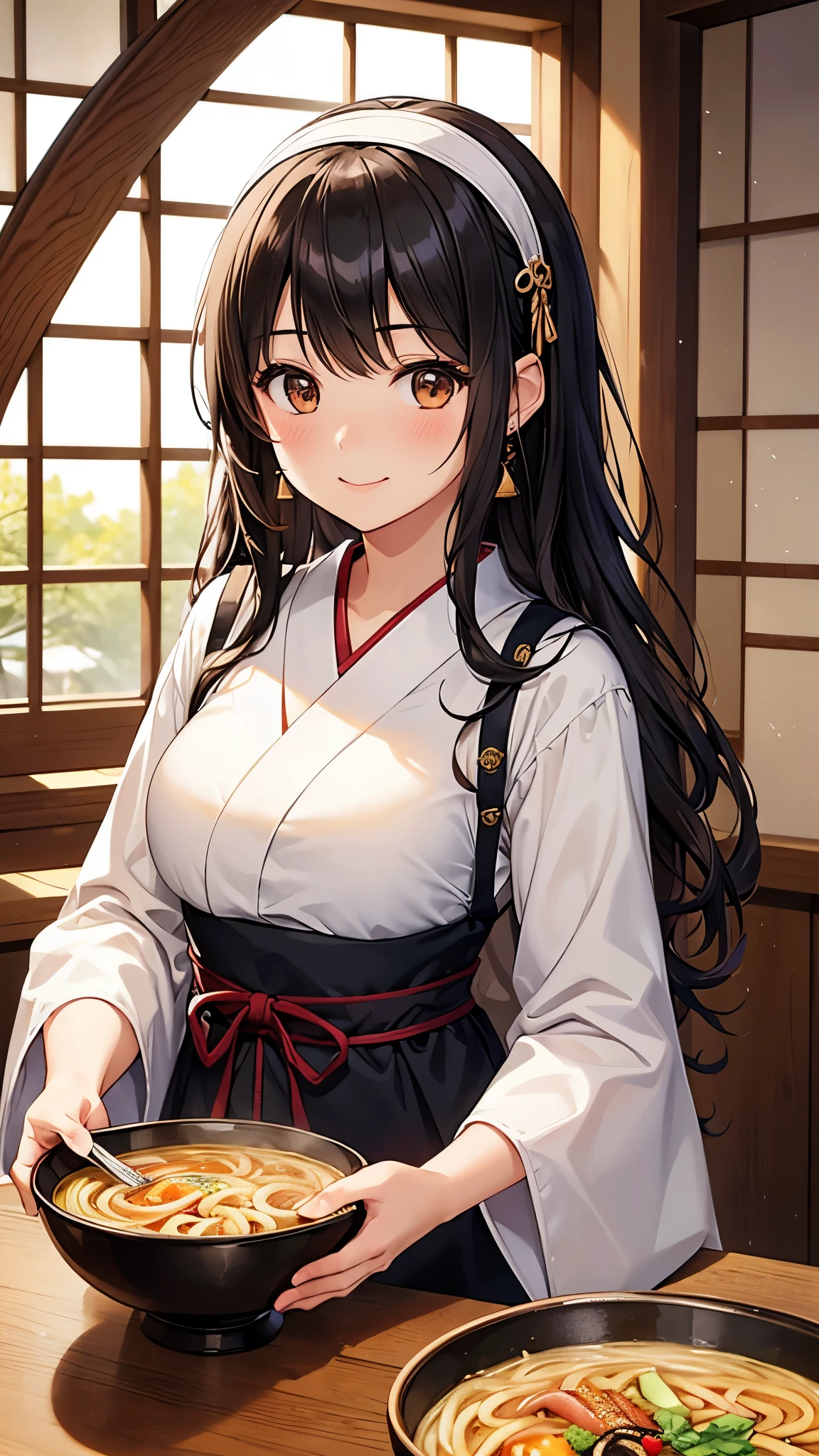 Masterpiece, high quality, (Young Japanese girl:1.35), Brown Eyes, black hair, curly hair, long hair, smile, (cute medieval folk peasant dress), (a bowl of ramen), blush, smiley, happy, hair tie, white hairband, earrings, crystal earrings, Romanticism, first-person view, pov, Eye-Level Shot, god rays, glowing light, reflection light, backlighting, anatomically correct, high details, tavern background