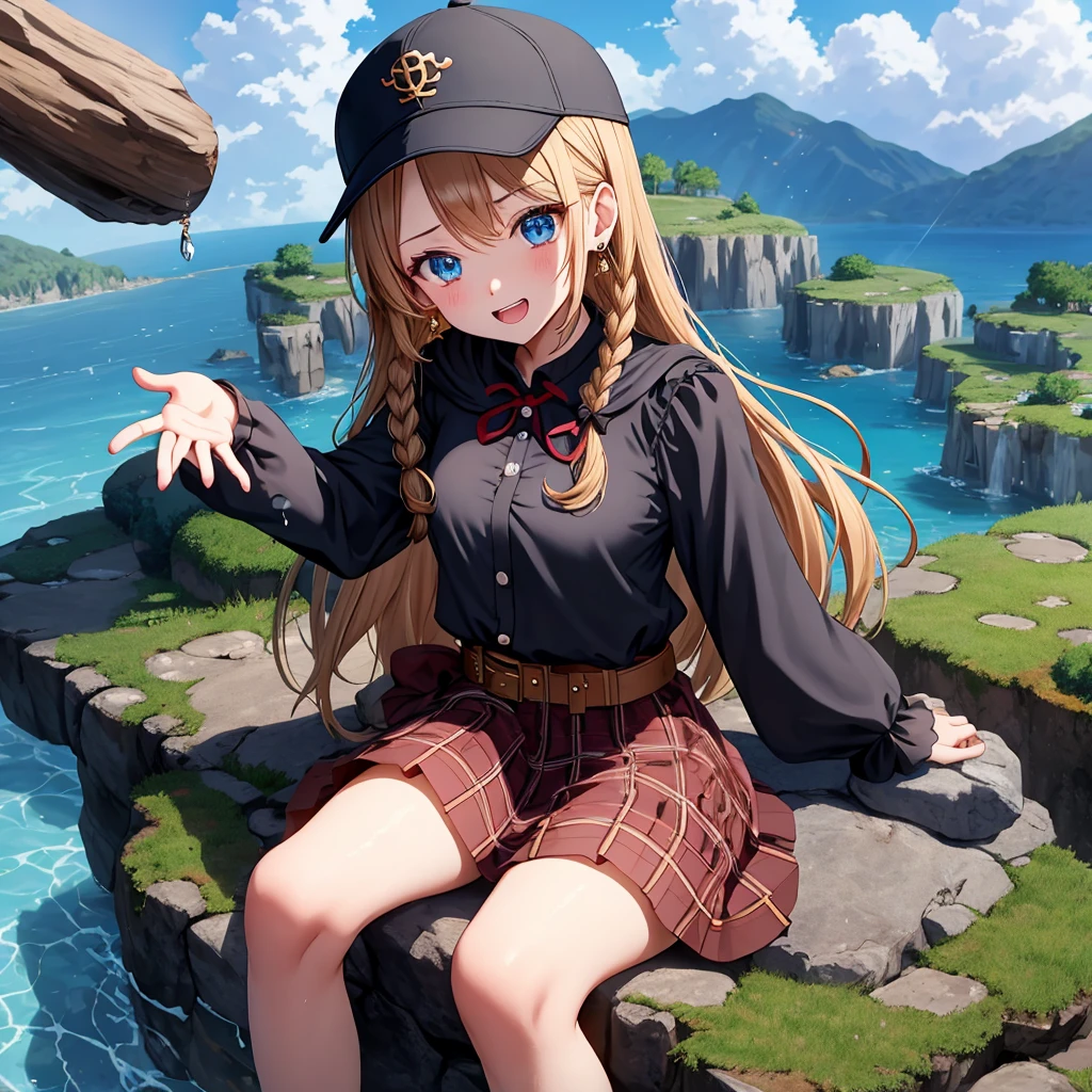 reddish-brown blonde、blue eyes、Braid、ponytail、one good looking girl、solo、anime、plaid mini skirt、the skirt has buttons、camisole、black t-shirt、dress、wearing a ribbon、ribbon at waist、cloak、Crystal Grotto、hood、desert、clouds are swirling、stone slabs are piled up、one hand raised、Wearing a baseball cap 、crystal earrings、sun、sitting、gold coins are falling、teeth are visible、splash of water、monster castle、have a world map、bow、Swing