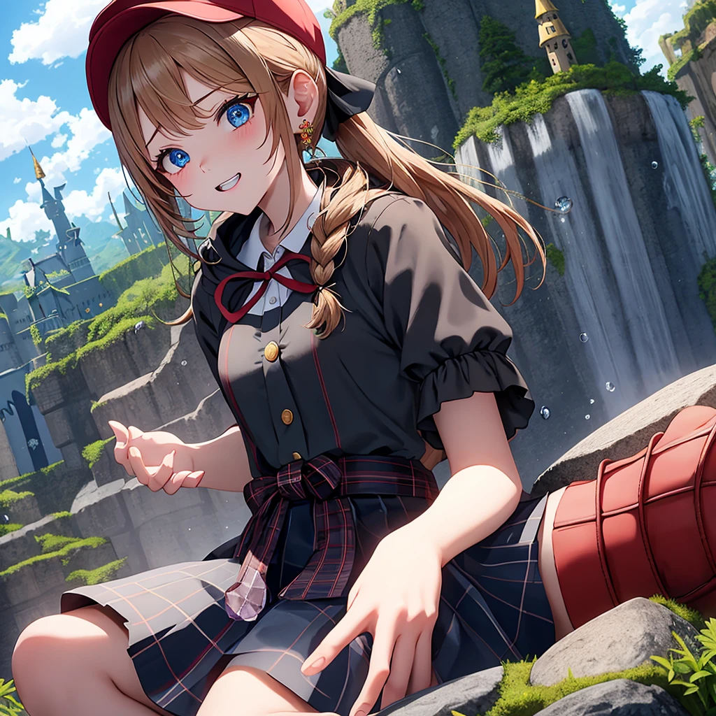 reddish-brown blonde、blue eyes、Braid、ponytail、one good looking girl、solo、anime、plaid mini skirt、the skirt has buttons、camisole、black t-shirt、dress、wearing a ribbon、ribbon at waist、cloak、Crystal Grotto、hood、desert、clouds are swirling、stone slabs are piled up、one hand raised、Wearing a baseball cap 、crystal earrings、sun、sitting、gold coins are falling、teeth are visible、splash of water、monster castle、have a world map、bow、Swing
