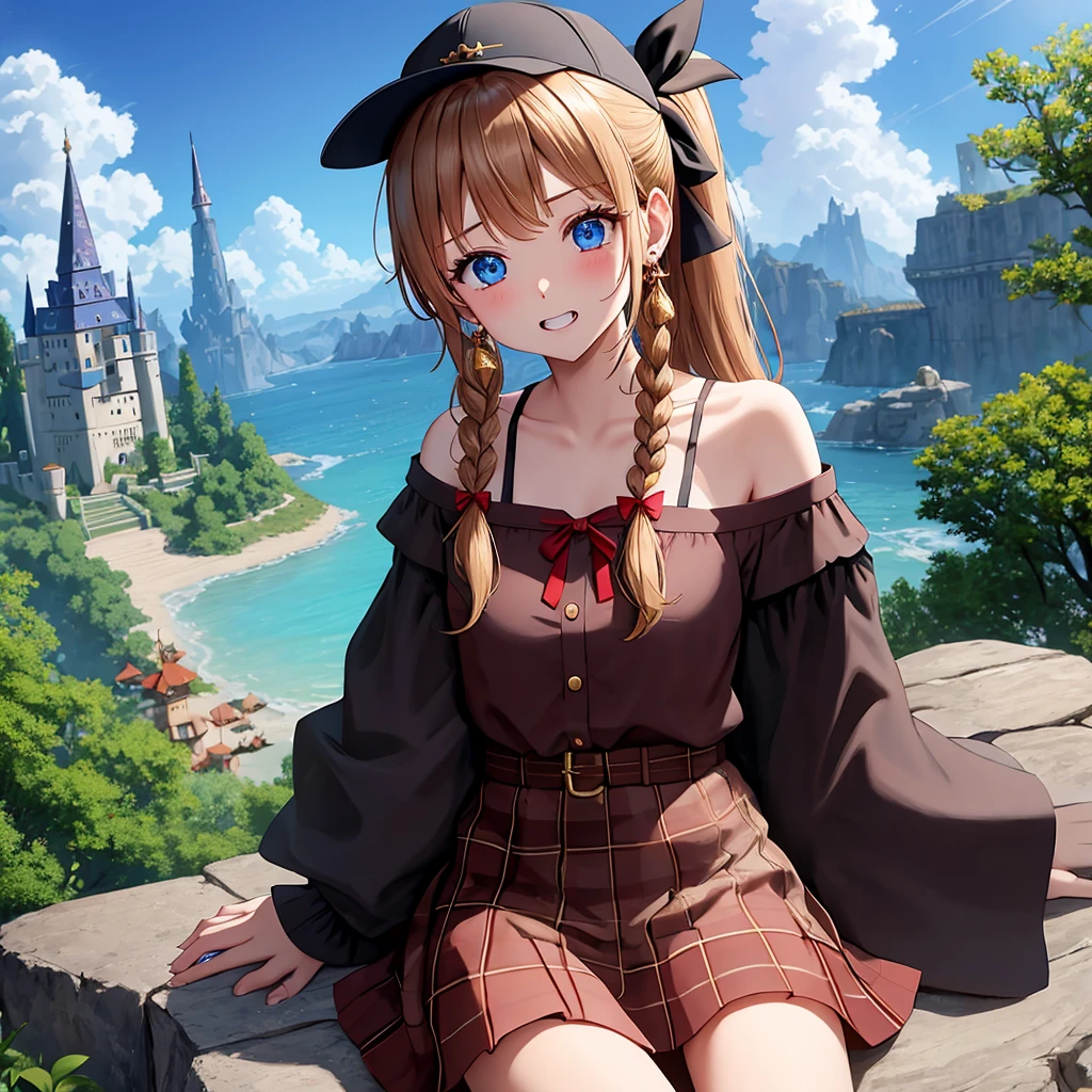 reddish-brown blonde、blue eyes、Braid、ponytail、one good looking girl、solo、anime、plaid mini skirt、the skirt has buttons、camisole、black t-shirt、dress、wearing a ribbon、ribbon at waist、cloak、Crystal Grotto、hood、desert、clouds are swirling、stone slabs are piled up、one hand raised、Wearing a baseball cap 、crystal earrings、sun、sitting、gold coins are falling、teeth are visible、splash of water、monster castle、have a world map、bow、Swing