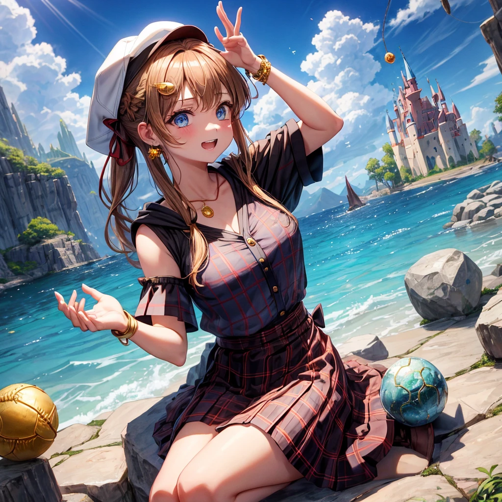 reddish-brown blonde、blue eyes、Braid、ponytail、one good looking girl、solo、anime、plaid mini skirt、the skirt has buttons、camisole、black t-shirt、dress、wearing a ribbon、ribbon at waist、cloak、Crystal Grotto、hood、desert、clouds are swirling、stone slabs are piled up、one hand raised、Wearing a baseball cap 、crystal earrings、sun、sitting、gold coins are falling、teeth are visible、splash of water、monster castle、have a world map、bow、Swing