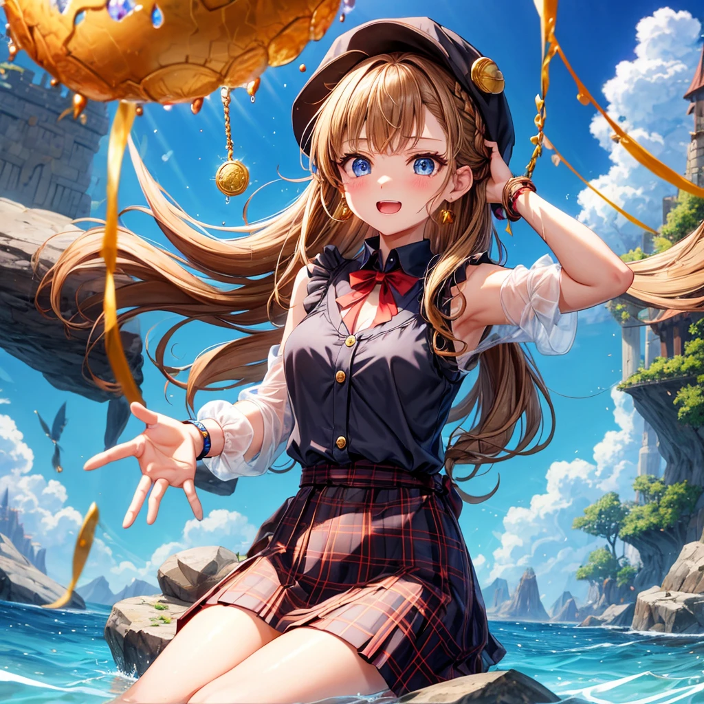 reddish-brown blonde、blue eyes、Braid、ponytail、one good looking girl、solo、anime、plaid mini skirt、the skirt has buttons、camisole、black t-shirt、dress、wearing a ribbon、ribbon at waist、cloak、Crystal Grotto、hood、desert、clouds are swirling、stone slabs are piled up、one hand raised、Wearing a baseball cap 、crystal earrings、sun、sitting、gold coins are falling、teeth are visible、splash of water、monster castle、have a world map、bow、Swing